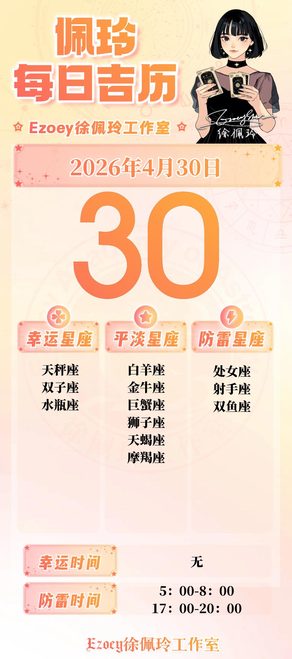 【4.30日播报】轻度预警日幸运星星：天秤座、双子座、水瓶座——Ezoey徐佩