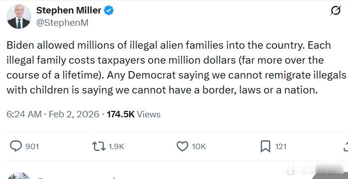 斯蒂芬·米勒：拜登允许数百万非法移民家庭进入美国。每一个非法移民家庭都会让纳税人