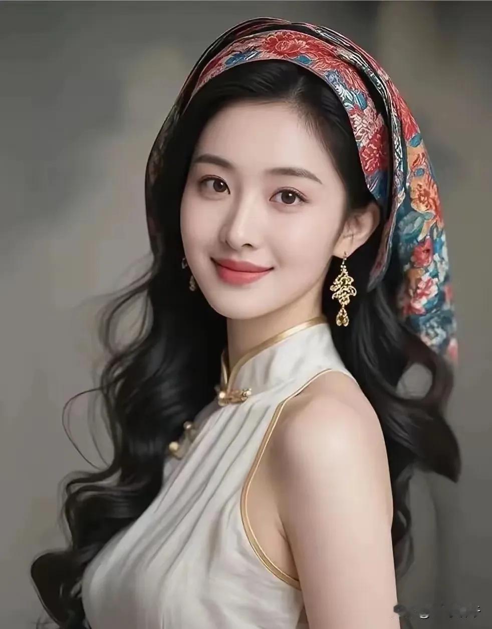 这位女士穿着复古旗袍，戴着花头巾。