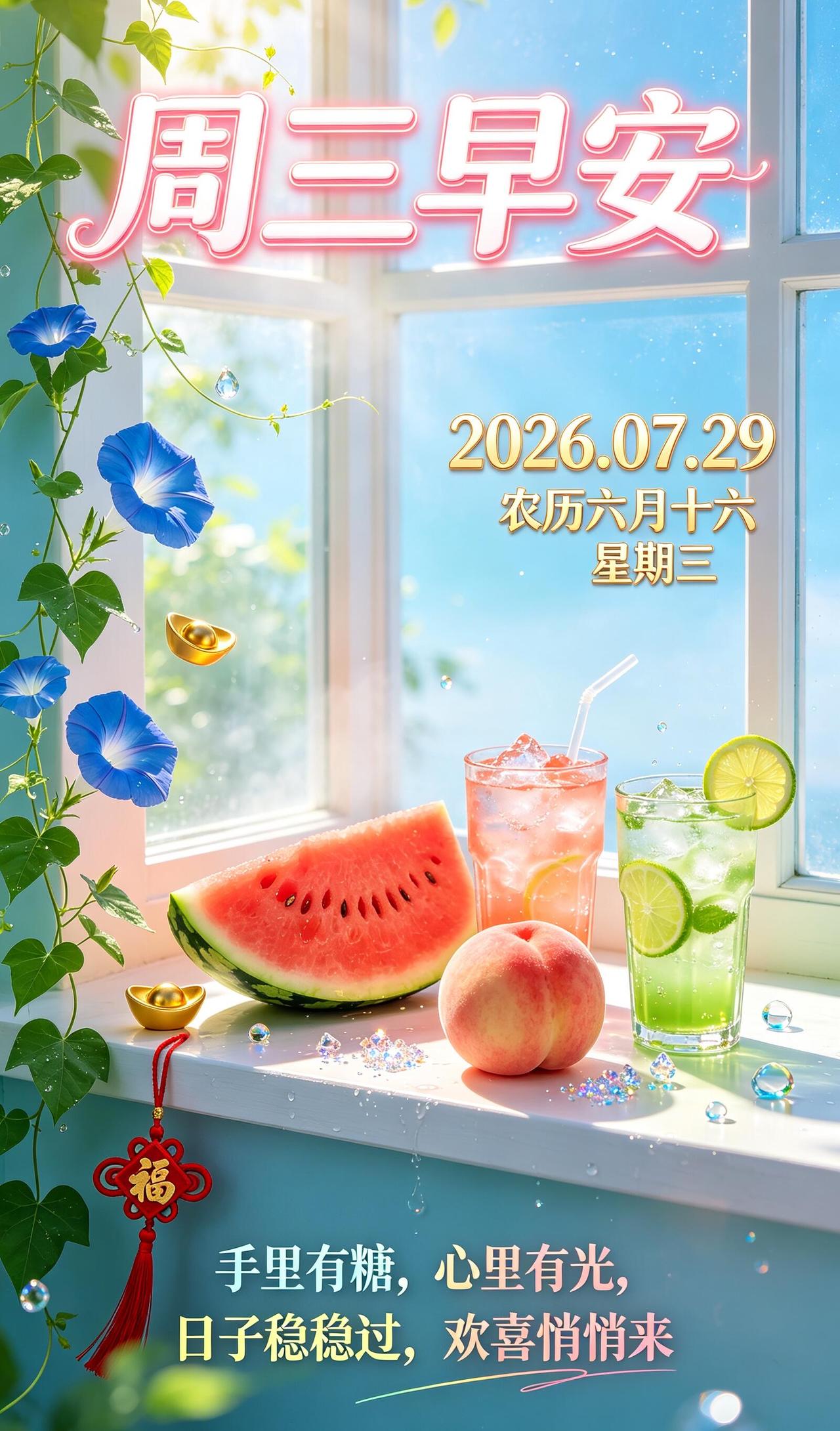 7月29日清晨，送上温柔周三问候🍃。窗外绿意盎然，荷花悄然盛放，夏日独有的清新