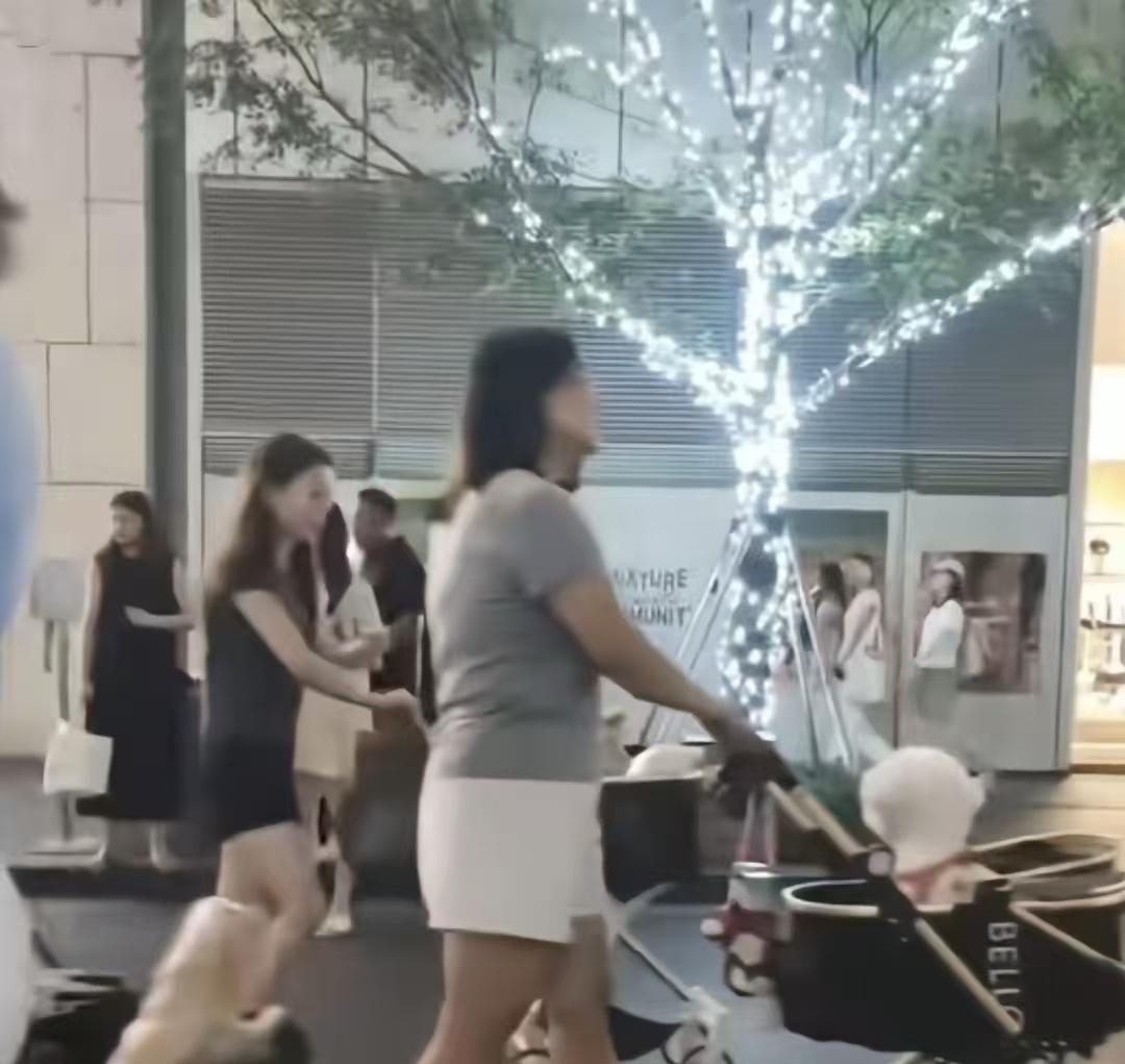夜幕下深圳万象城门口，一群女生推着酷似婴儿车的宠物推车扎堆聚会，小狗躺在车里不用