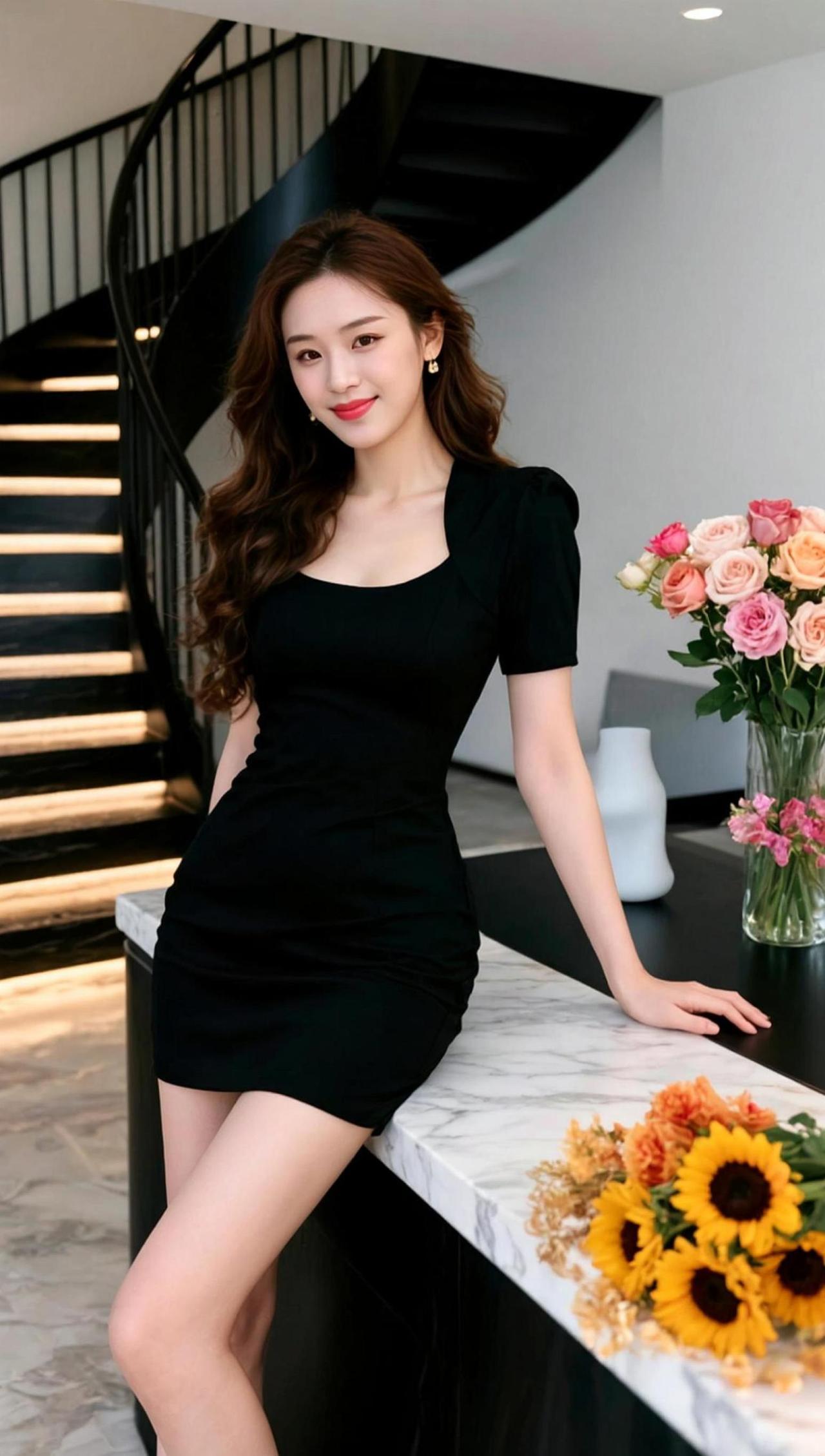 黑裙勾勒出优雅的线条，阳光洒在笑脸上，像是给画面加了一层柔光滤镜。背后的鲜花和温