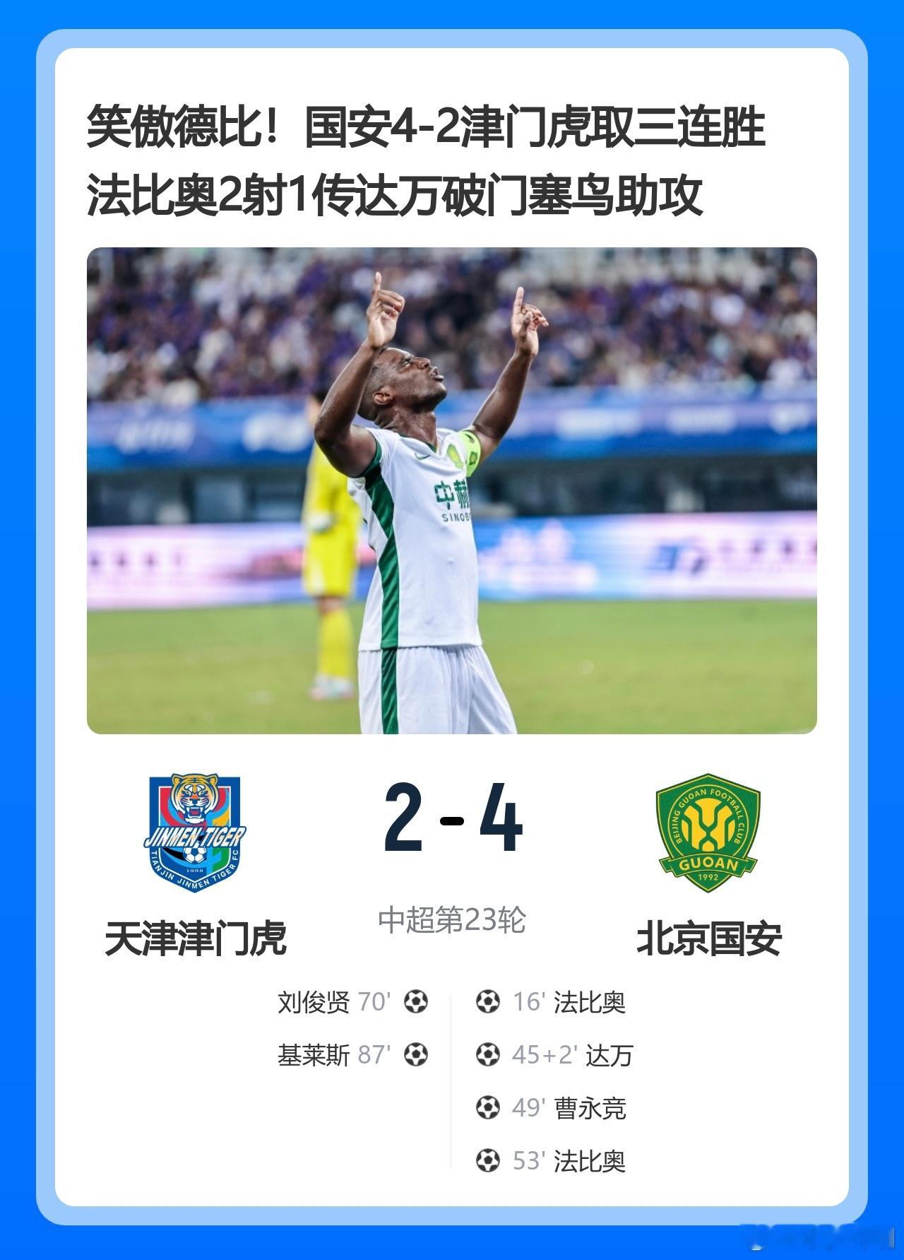 笑傲德比！国安4-2津门虎取三连胜法比奥2射1传达万破门塞鸟助攻天津津门虎vs北