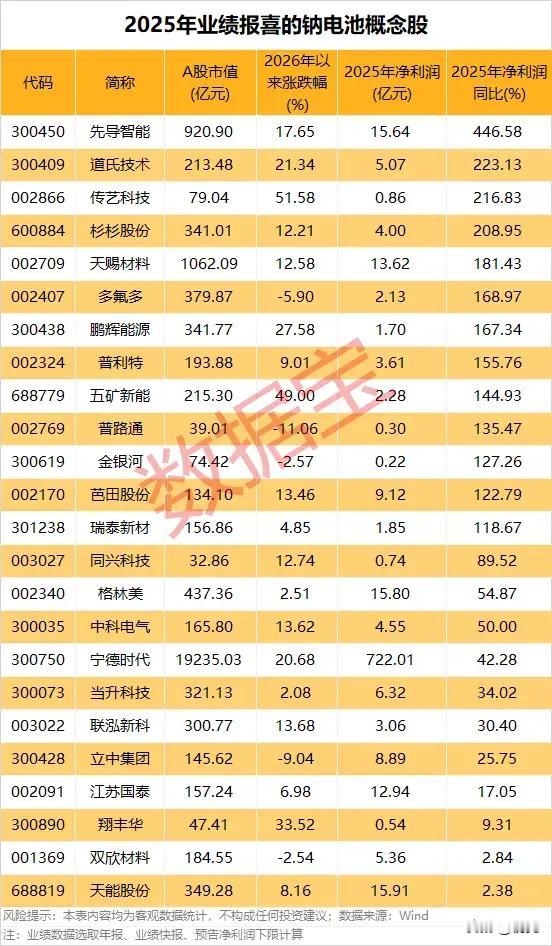 业绩狂飙！2025年钠电池概念股集体报喜，高增标的全景梳理！本次梳理覆盖设