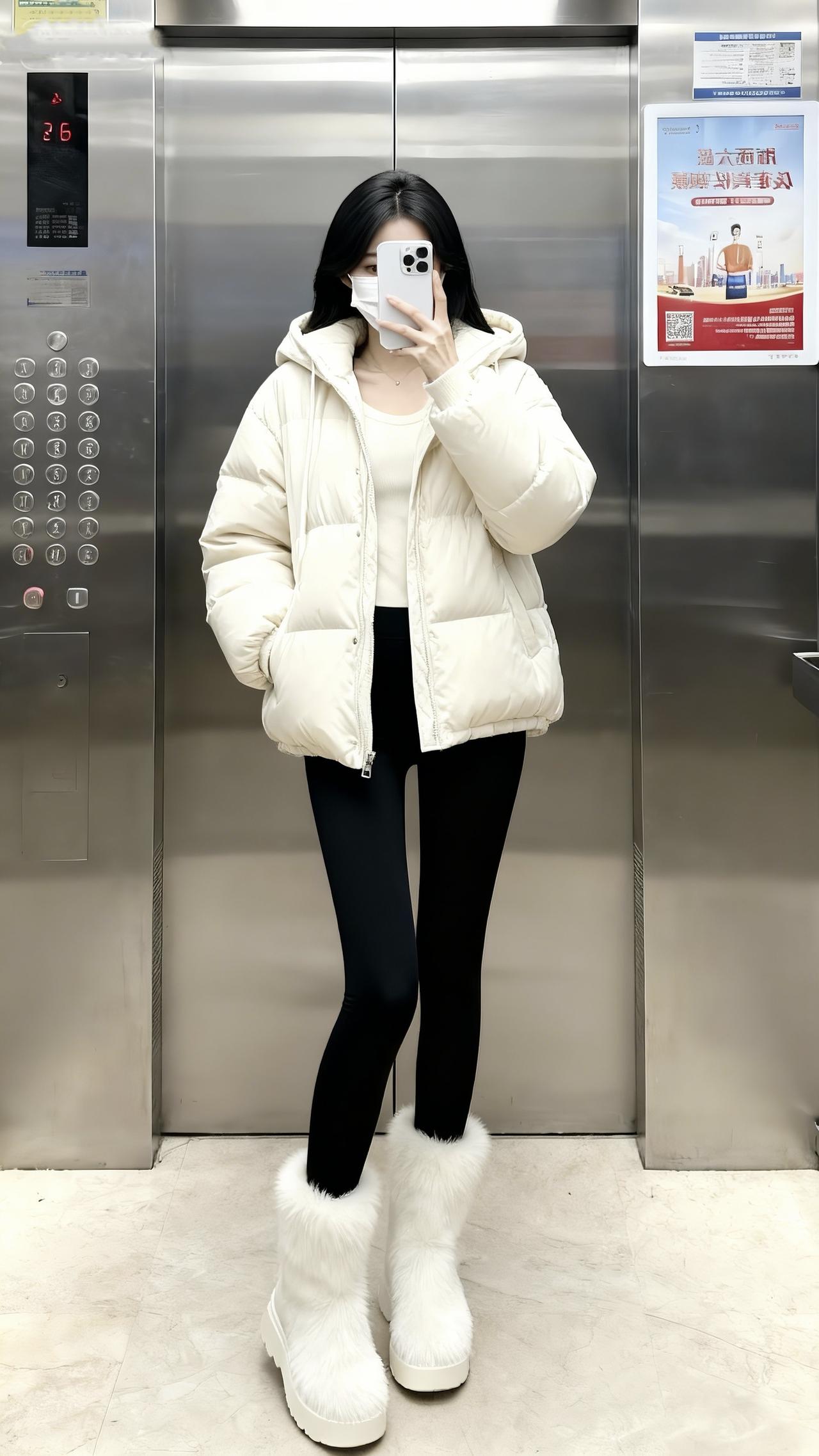 好冷，你们那里降温了吗？日常分享电梯拍照抖音推广短款羽绒服