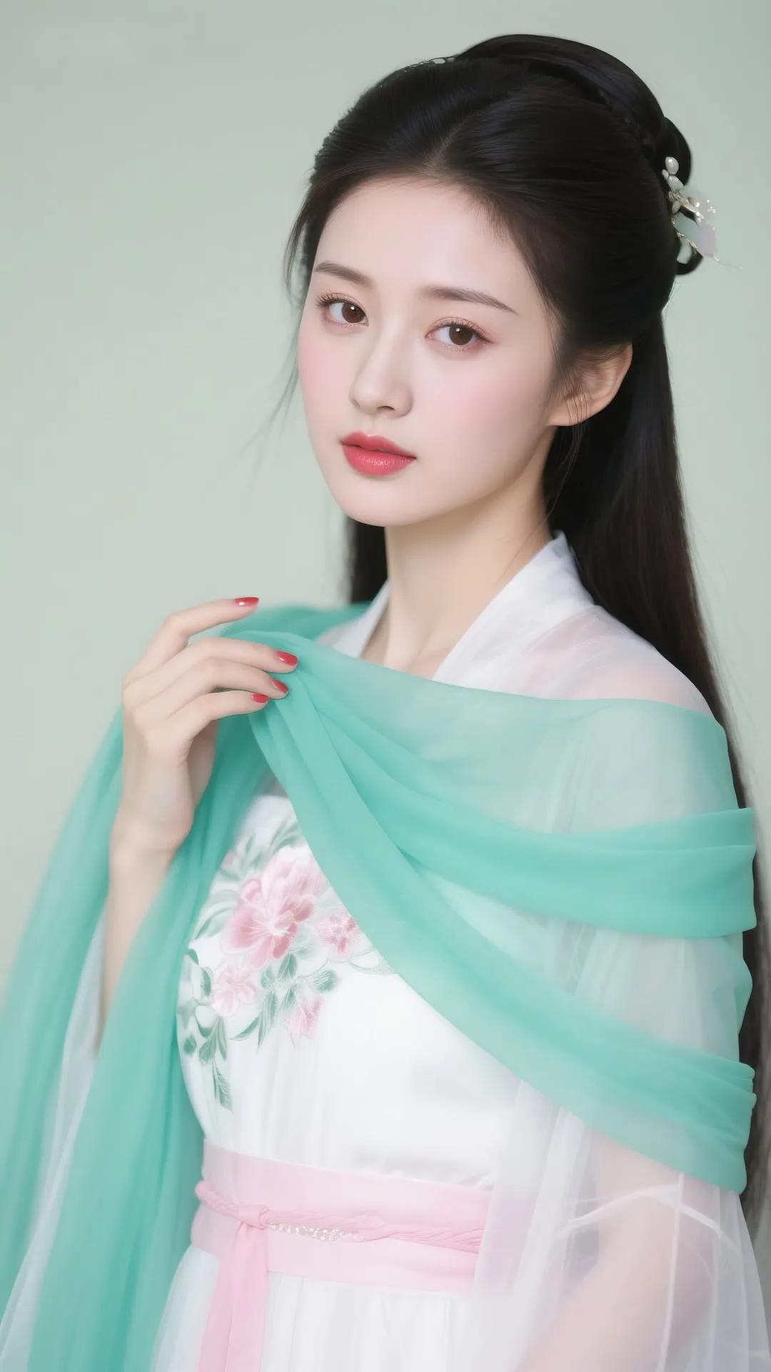 温柔古风少女，青纱飘逸，花枝招展。淡雅如雾，柔情似水，一袭青纱诉说古韵悠然。