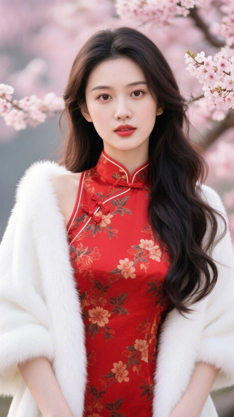 红襟栖樱春粉樱漫开的风里，这抹正红如揉碎的暖阳轻落。旗袍领间盘扣缀着