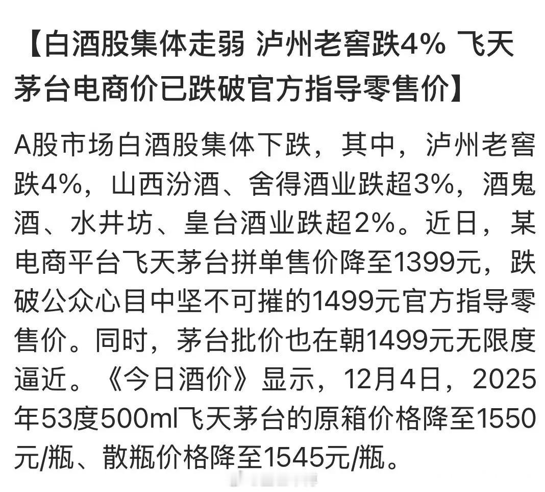 白酒行业集体进入“寒冬”似的！不管是白酒板块的股价还是酒价，都是一浪低于一浪。白