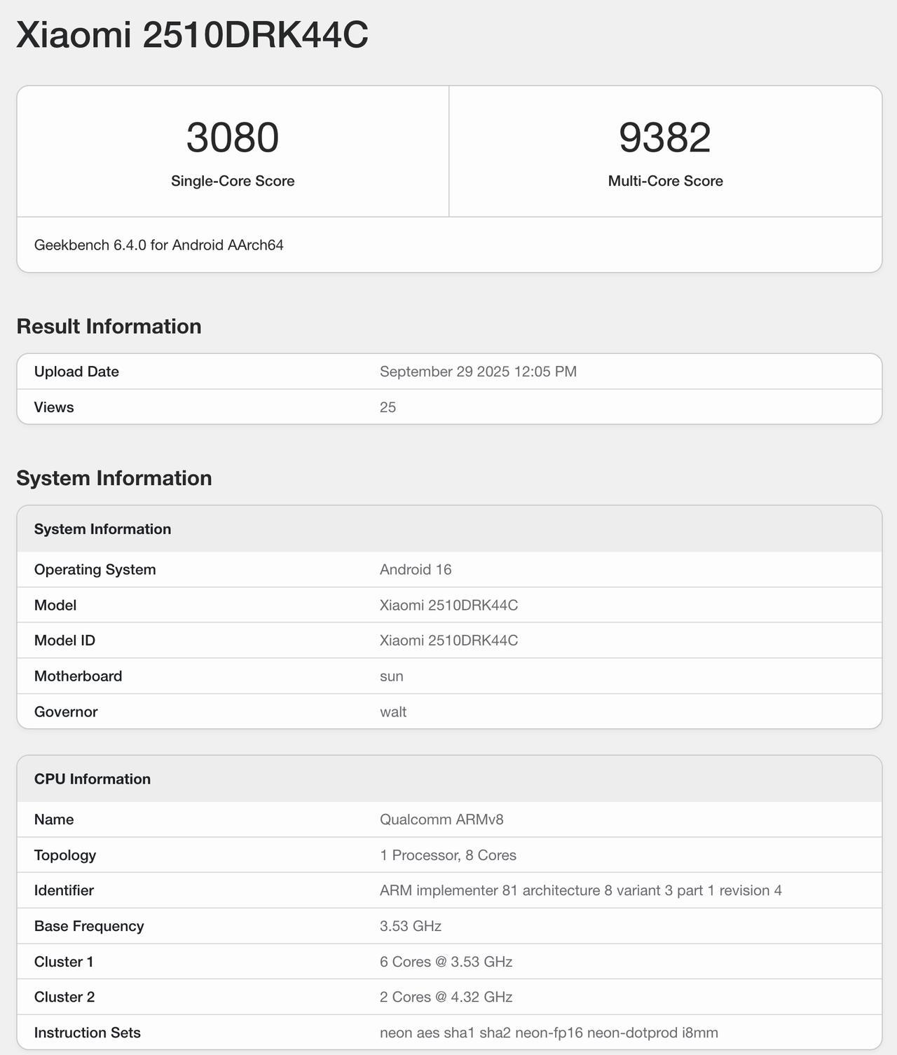 REDMIK90标准版也登上了Geekbench官网，型号2510DR