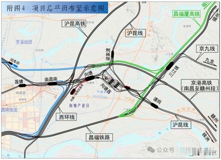 一张图曝光昌福厦高铁线路。图中很明显，昌福厦高铁从南昌西站引出，同时南昌东站南