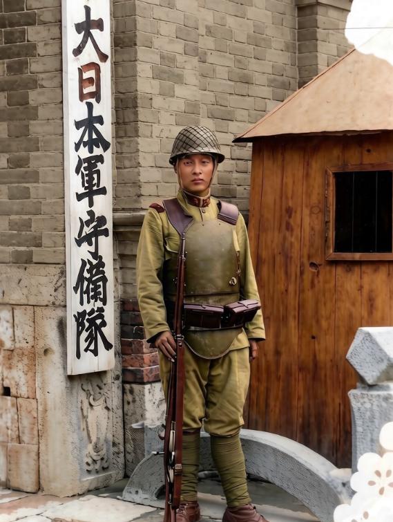 1944年的河南平顶山，一名日军士兵在宝丰县守备队兵营门前站岗。他手持三八式步枪