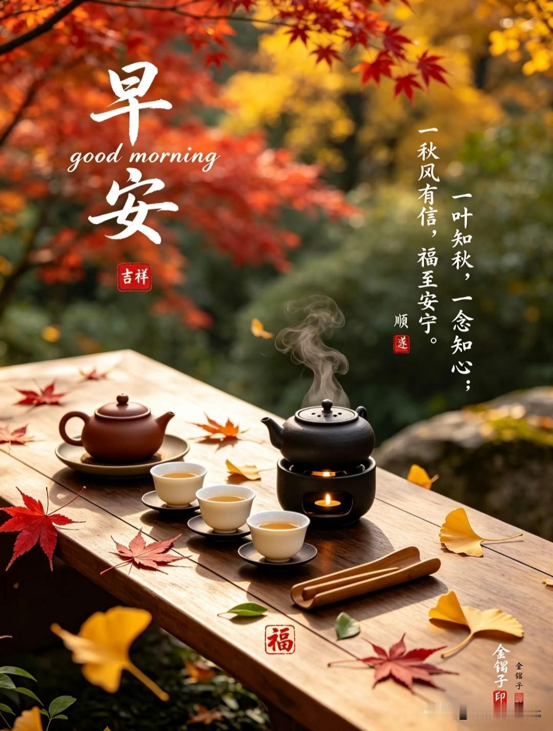 秋日早安一叶知秋，一念知心；秋风有信，福至安宁。秋意渐浓，岁月温柔。愿日