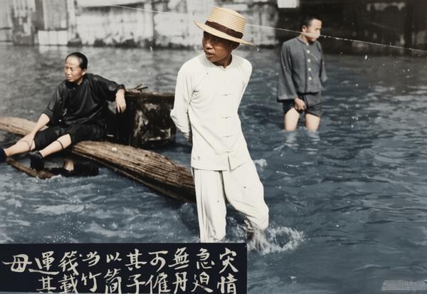 1931年，武汉大水灾期间，一位市民用竹子扎成简易竹筏载运母亲，照片里的母亲坐在