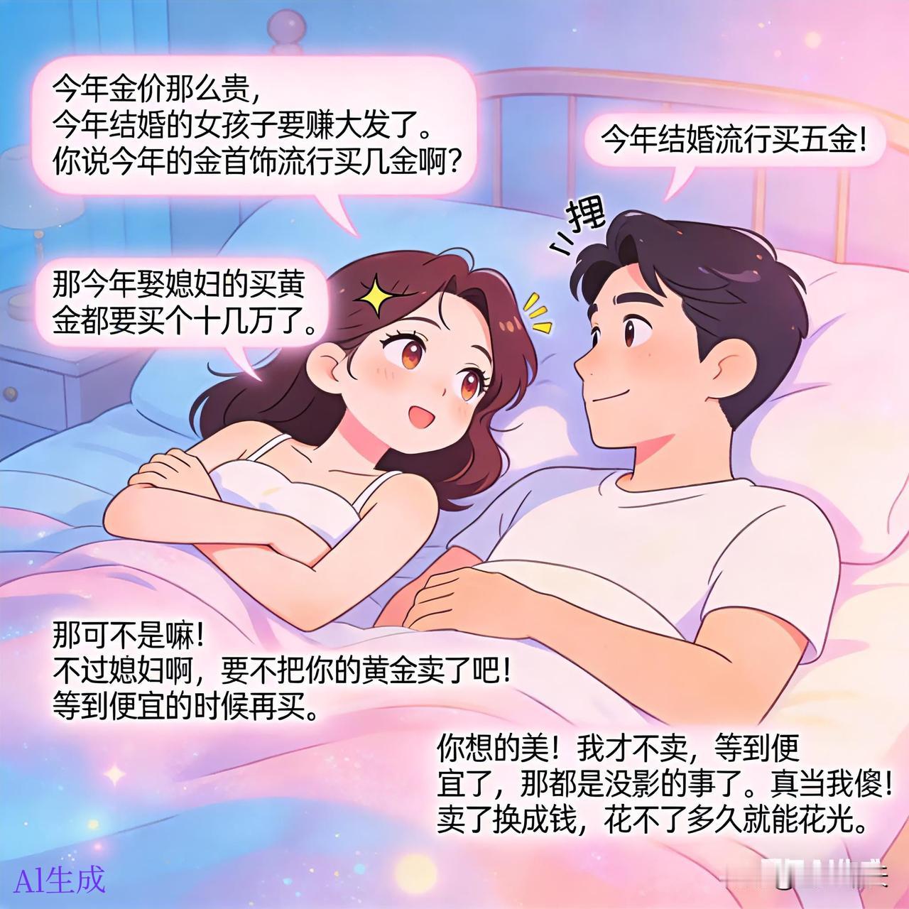 和老公一起睡觉时我问他一个问题我说：今年金价那么贵，今年结婚的女孩子要赚大发