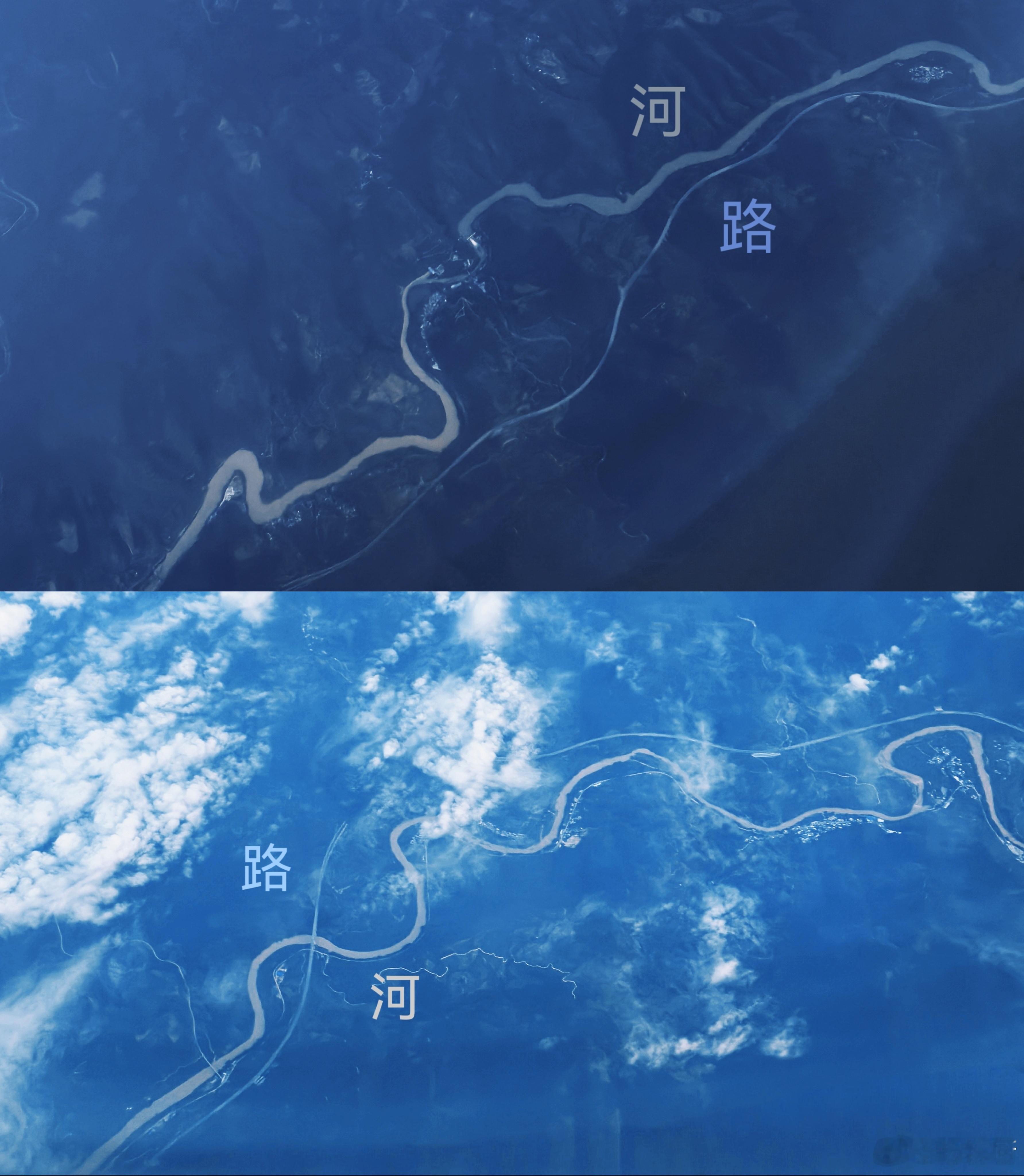 在飞机上看到了山脉中躺着一条存在感很强烈的河（可能是长江？），在旁边有一条公路一