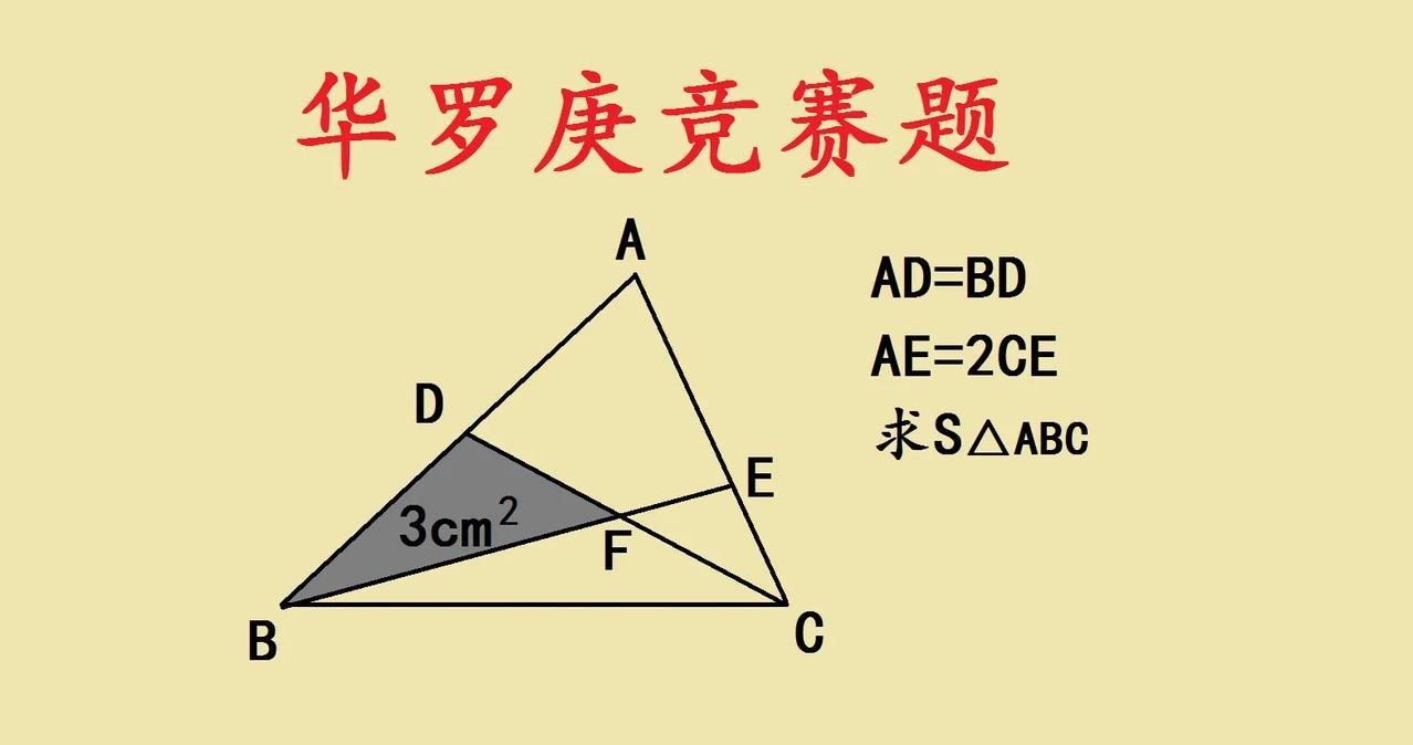 这是一道华罗庚竞赛题，题目是关于三角形面积求解的。已知条件为AD=BD，A