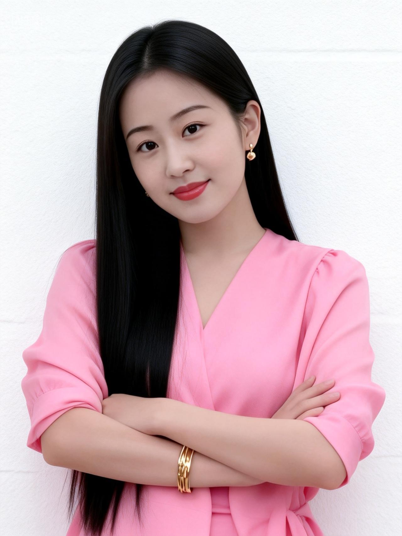 温柔甜美的粉色连衣裙，搭配金色饰品，散发着优雅气质。