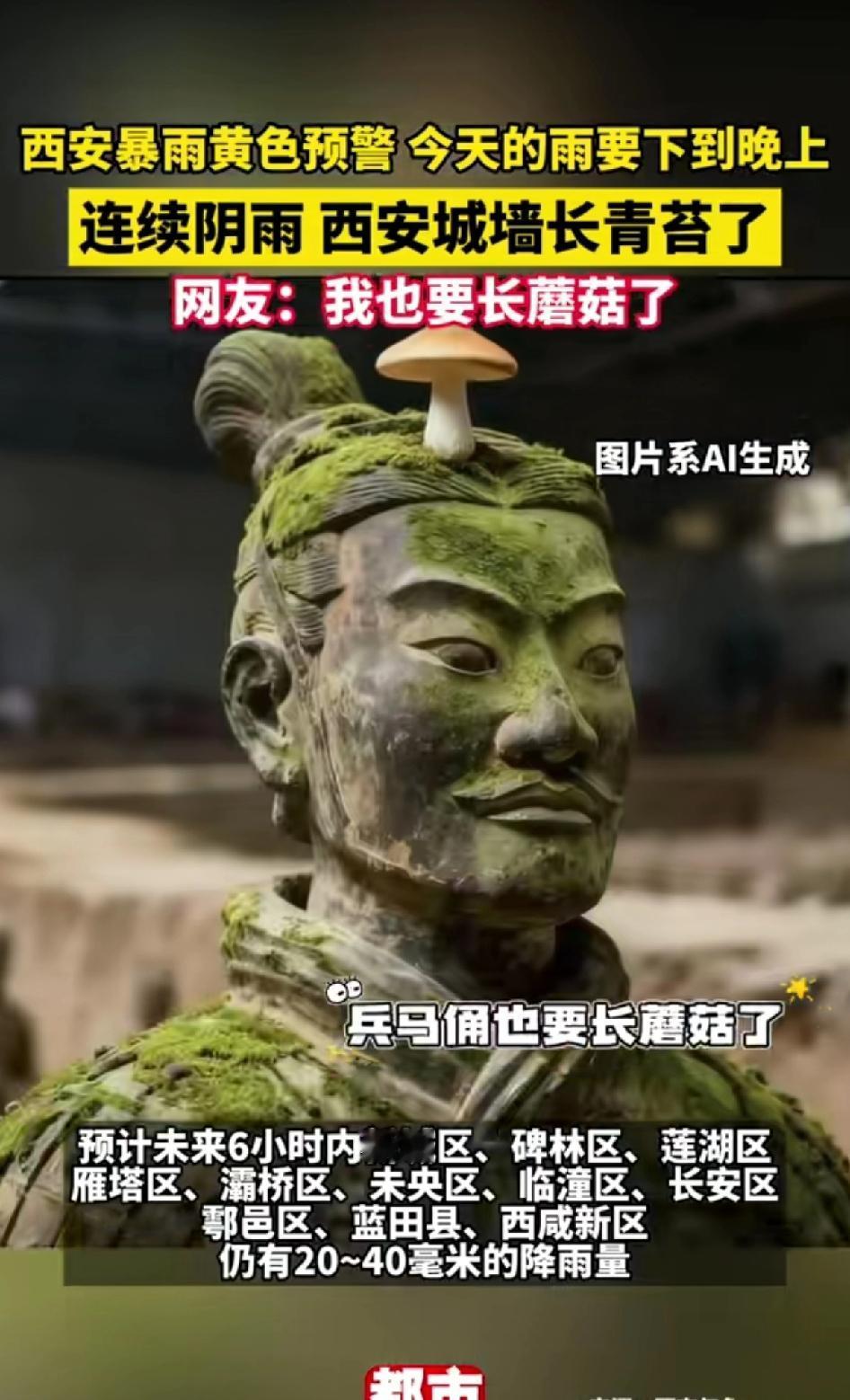 西安连续暴雨黄色预警，兵马俑头上长出蘑菇[笑着哭][笑着哭]虽然很搞笑，也知道是假