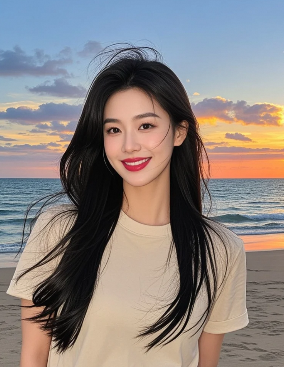 夕阳、沙滩、长发与她，刚刚好