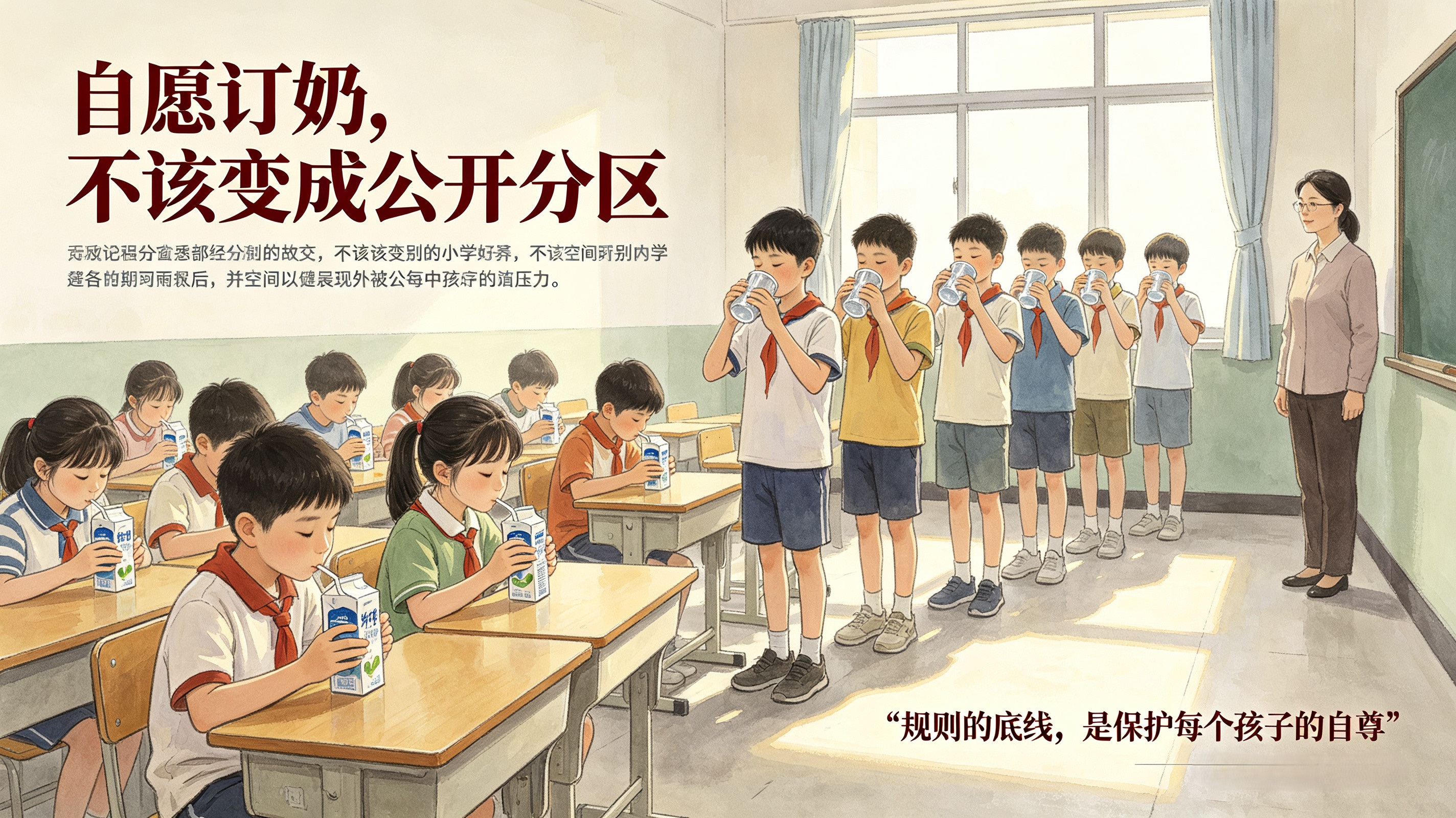 武汉江夏这所小学的操作，把“自愿”两个字演砸了。订奶的坐着喝，没订的站后排喝水，班主任还发视频到家长