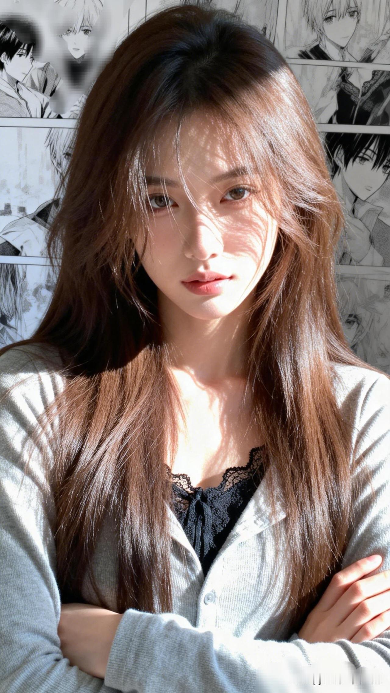 日系少女风，黑白漫画背景，甜美气质满满。纯天然美女长啥样子