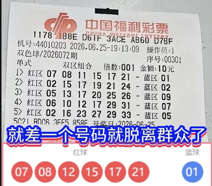 双色球26072期昨晚开奖结束，广东一张10元自选票让人唏嘘不已。这是一张5