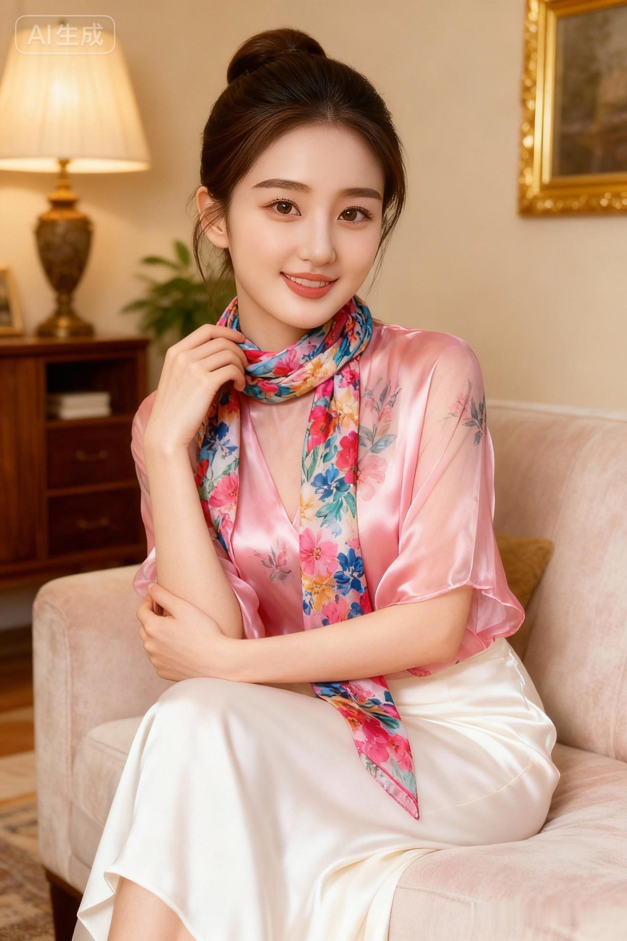 绝色女子妆容精致，眼神温和明亮，嘴角噙着浅笑。粉色丝绸雪纺印花上衣搭配乳白色丝绸