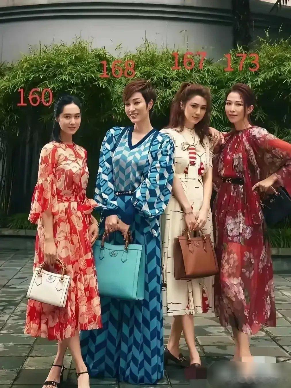 我一直以为蔡少芬、洪欣、陈法蓉、朱茵是四个好姐妹。印象里洪欣身高最高，陈法蓉学