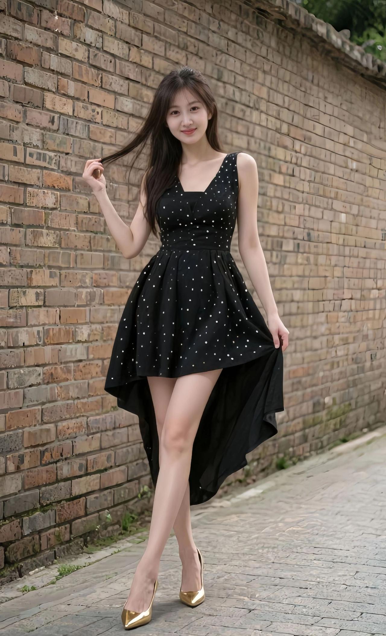 优雅黑裙搭配金色高跟鞋，砖墙背景下的时尚大片！👗👠✨