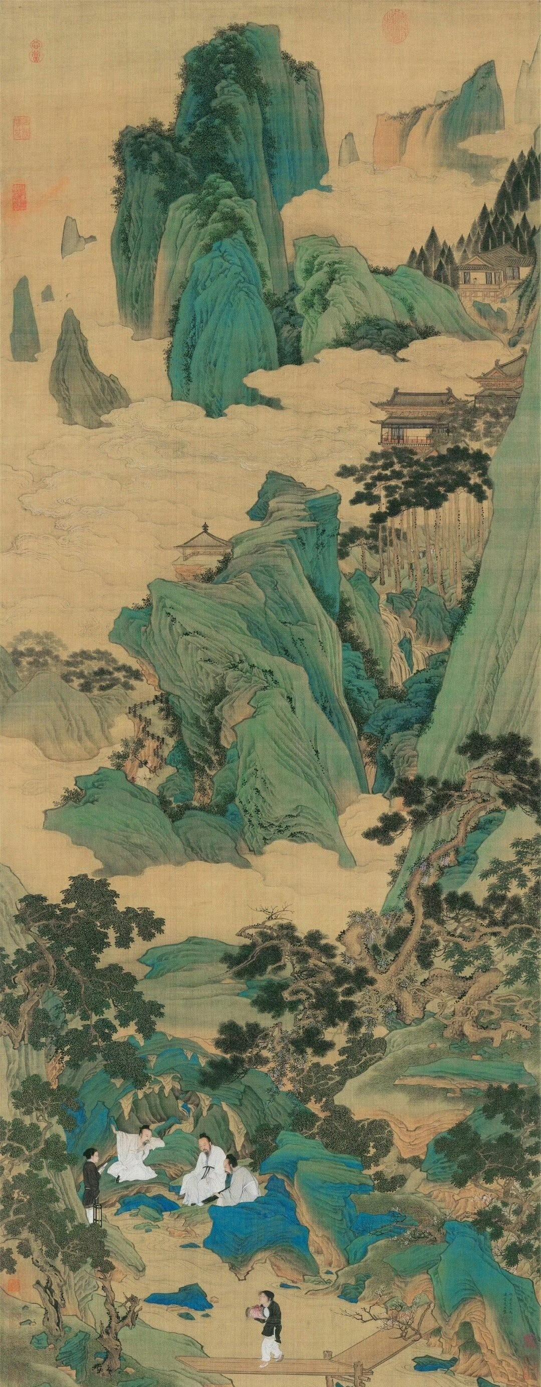 明代仇英的《桃园仙境图》，绢本设色，那175×66.7厘米的画面宛如梦幻之境。（