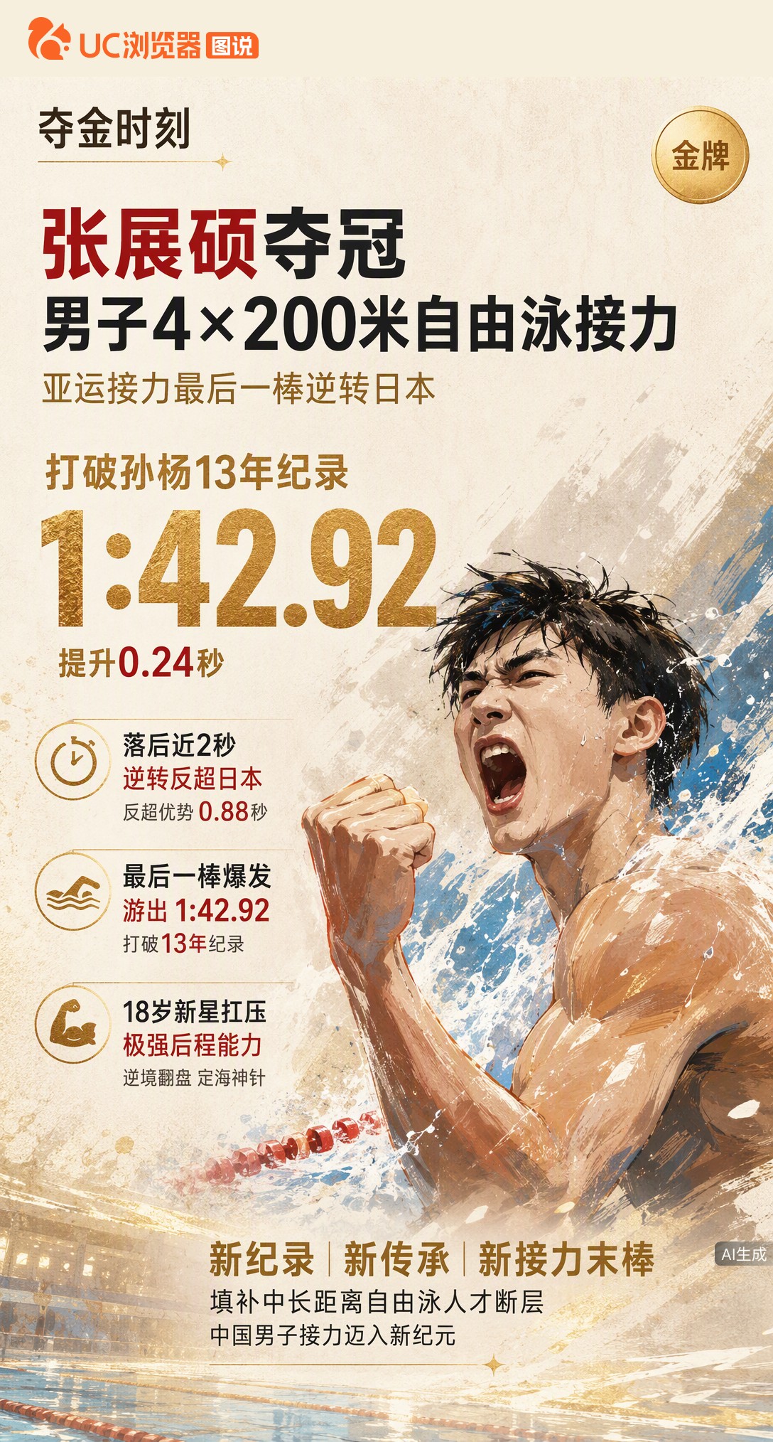 名古屋亚运男子4×200自接力夺冠！18岁张展硕末棒1分42秒92逆转日本，打破孙杨保持13年的纪录