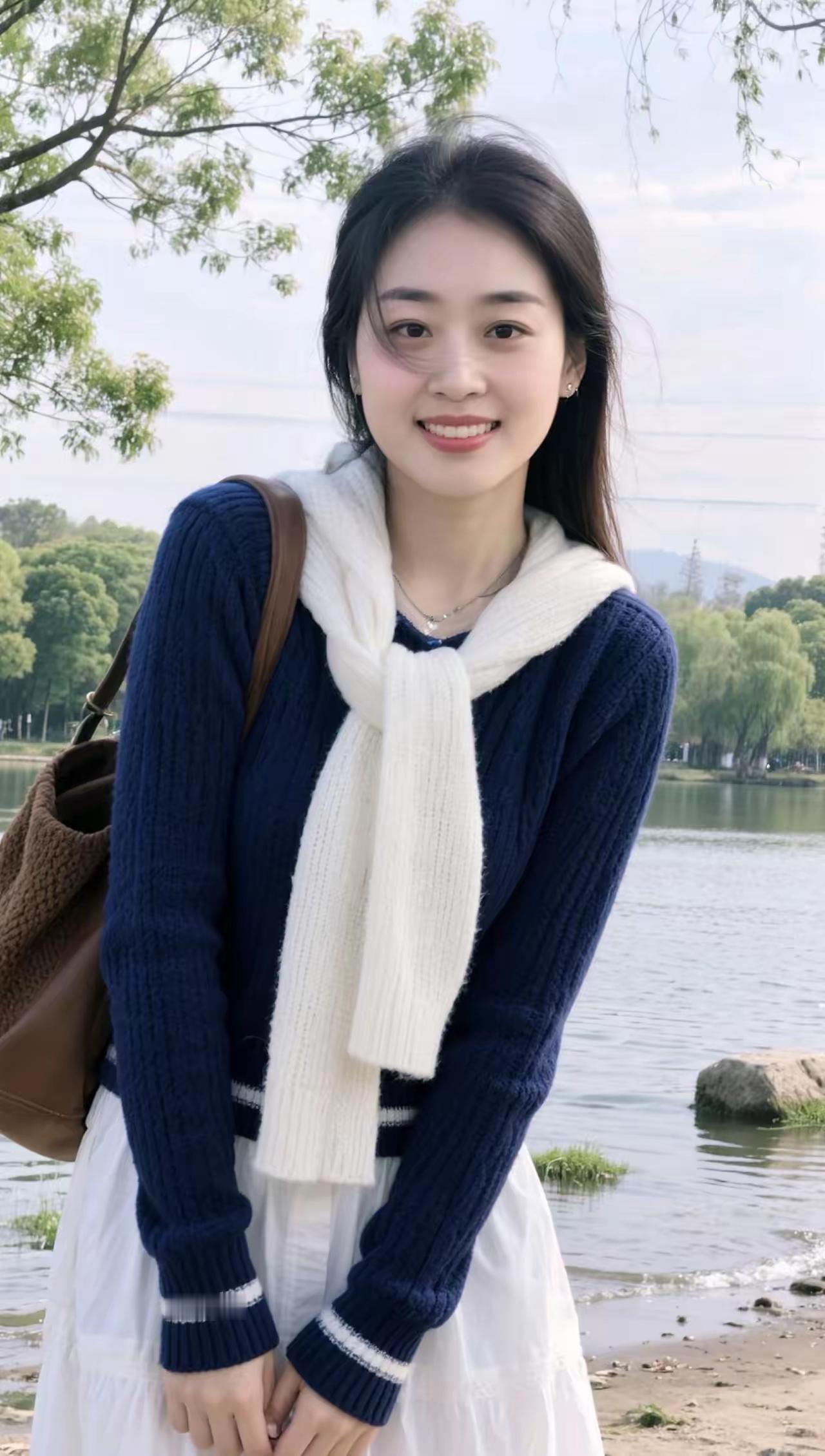 元气少女在湖边微笑，清新自然，阳光明媚！🌞💕