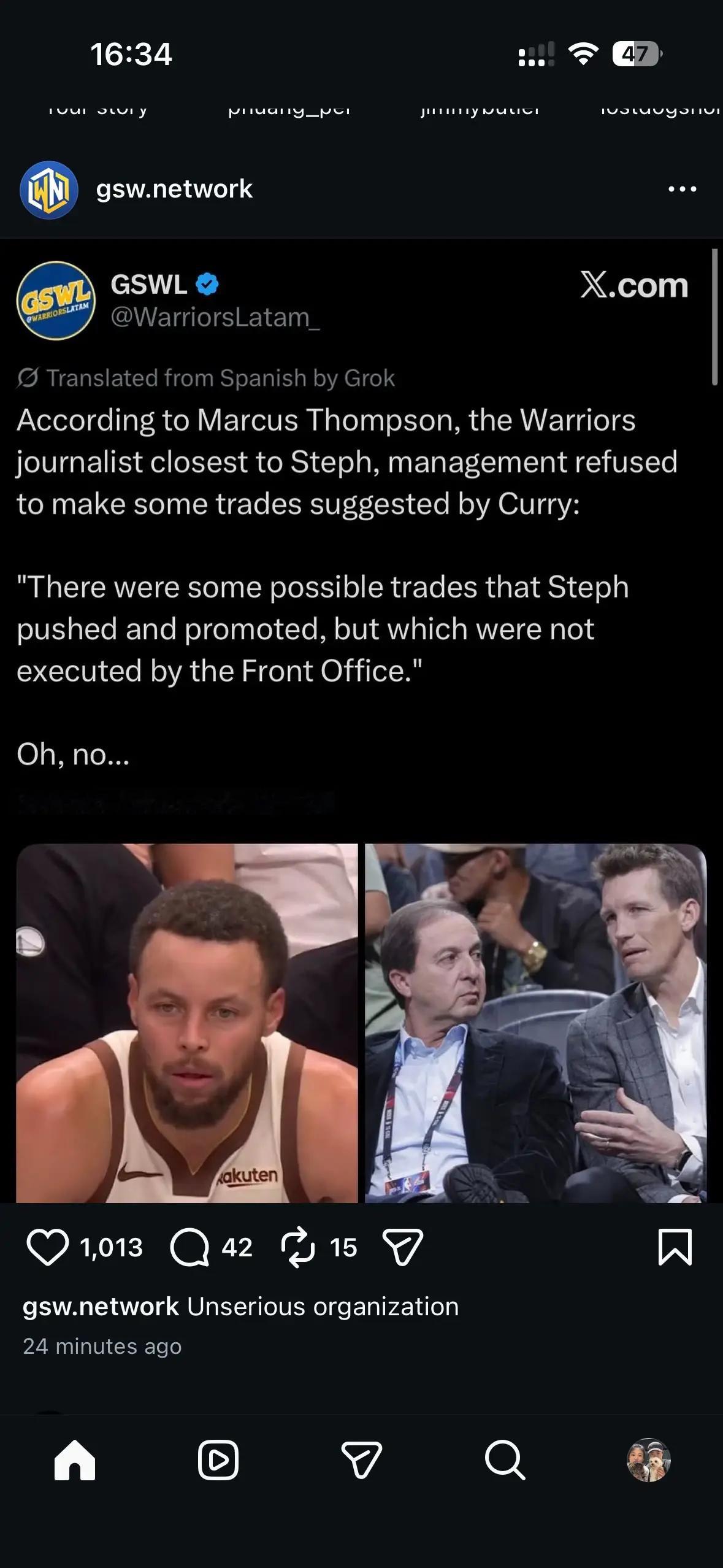 勇士记者爆料：库里之前曾经推动并促成过某些潜在交易达成，但最终未被管理层采纳。换