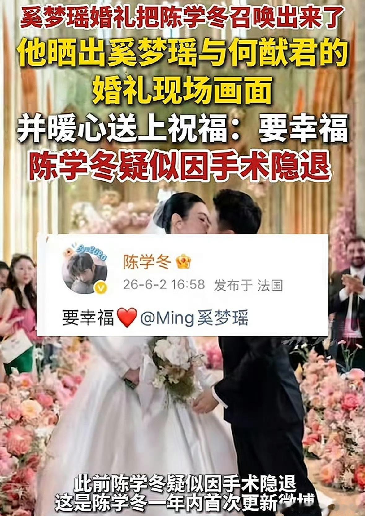 奚梦瑶大婚一众宾客里，沉寂三年的陈学冬惊喜现身，也是圈内独一份受邀好友，这份交情