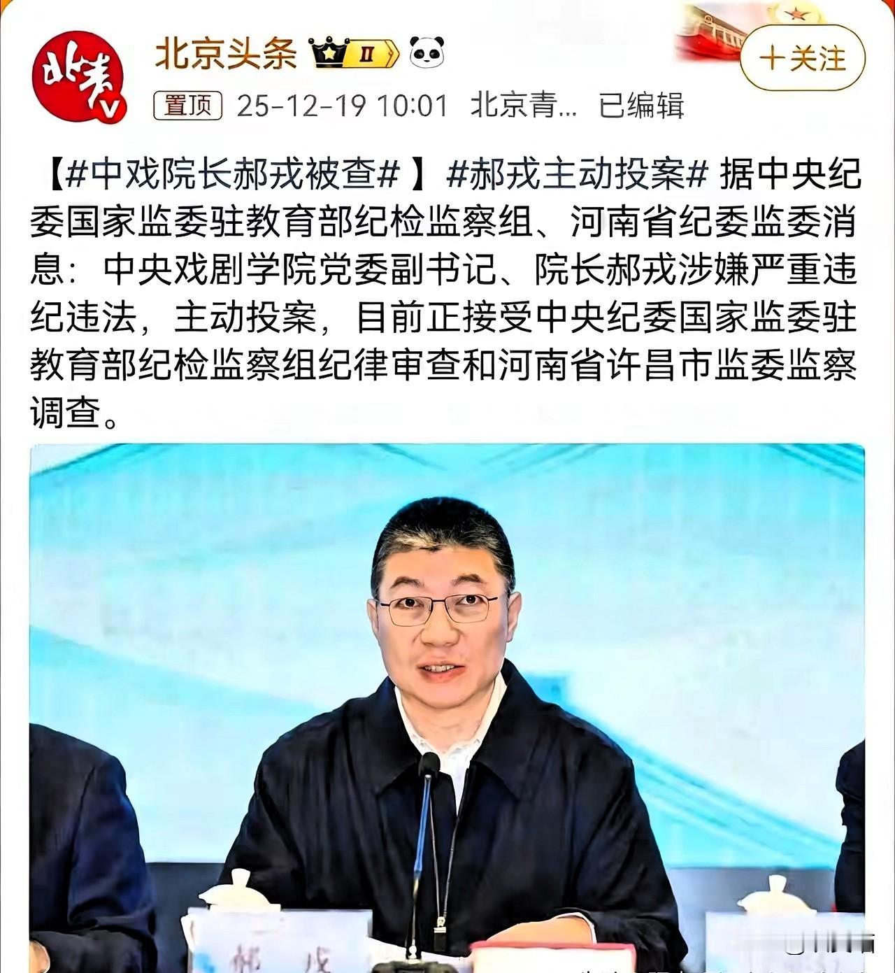 中戏院长郝戎主动投案，艺术殿堂的看门人为何成了砸招牌的？12月19日，中央