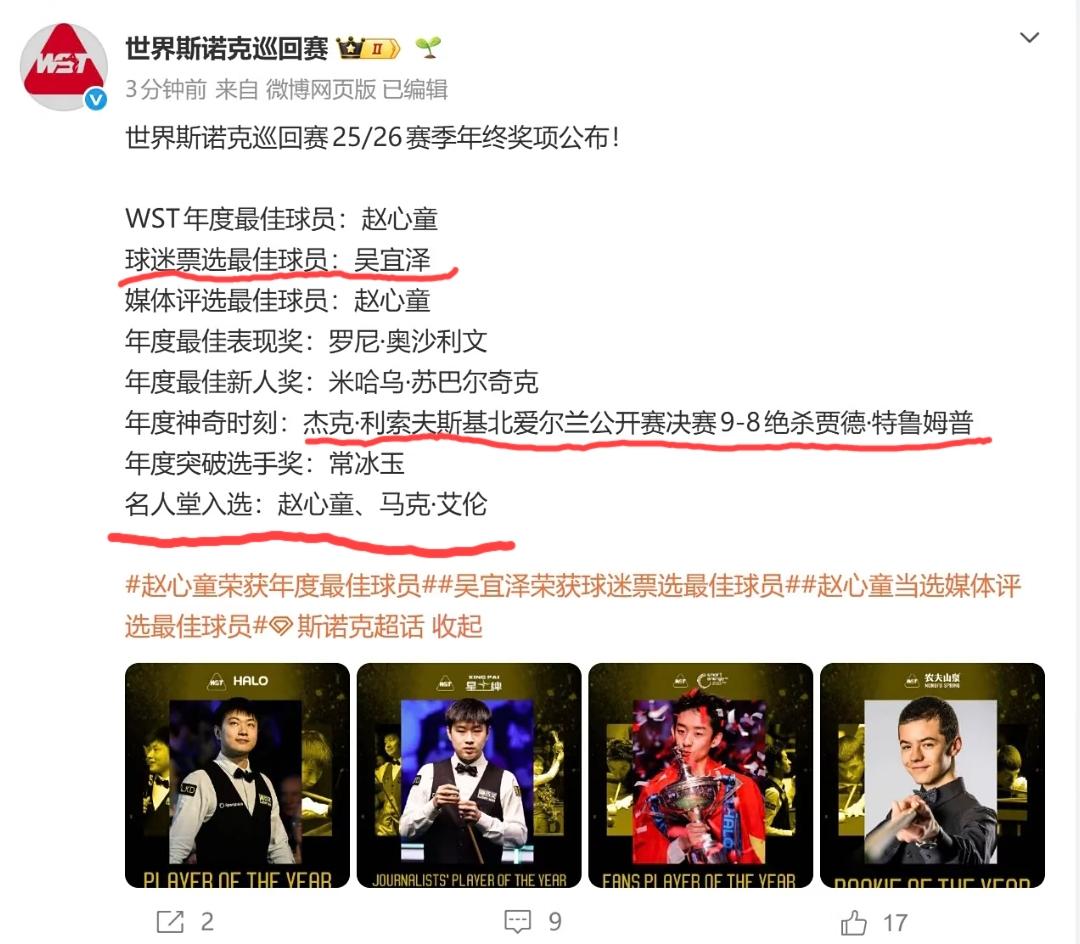 世界斯诺克巡回赛公布25/26赛季年度奖项。赵心童包揽三项大奖，吴宜泽获得“球