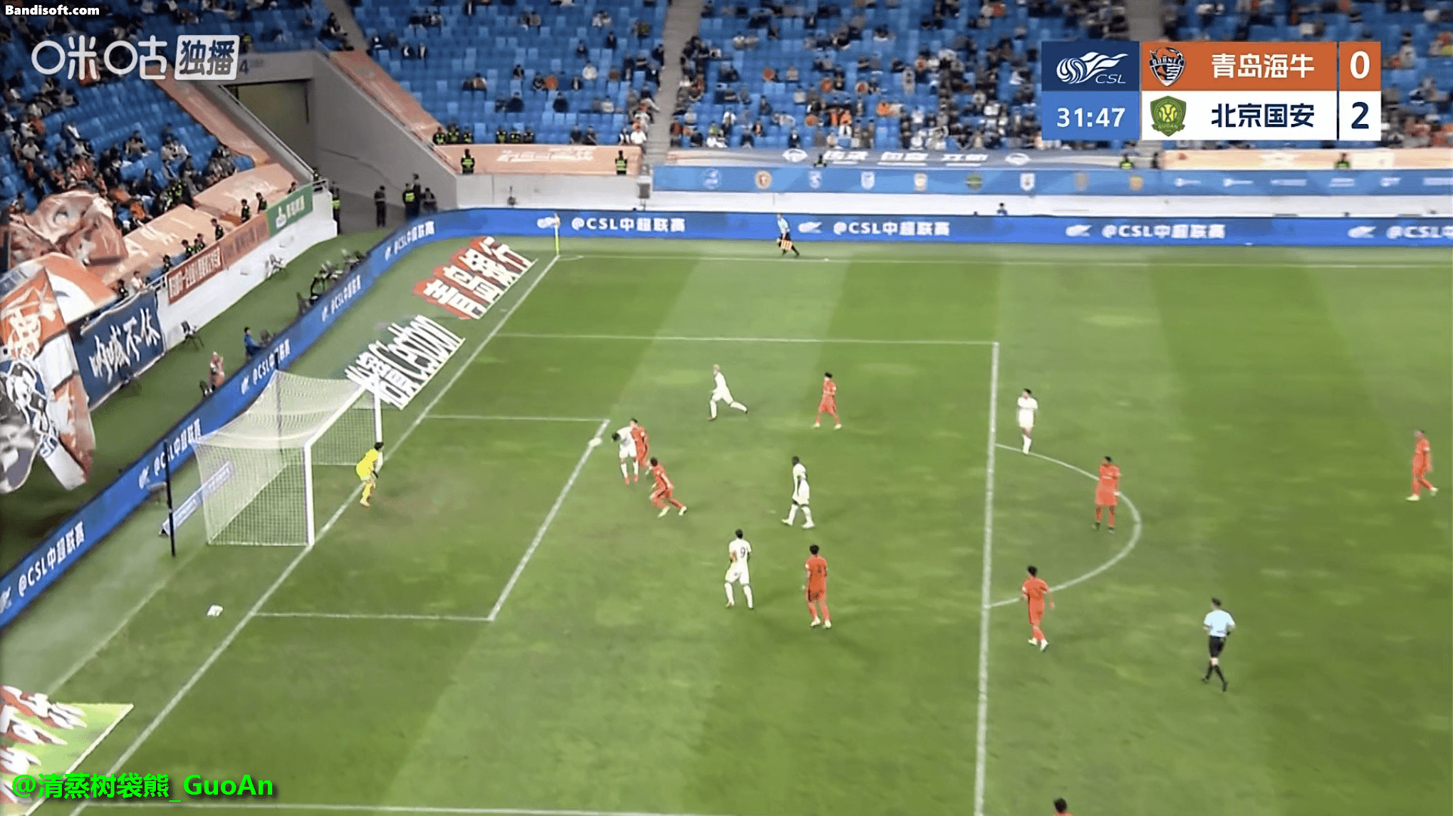 第32分钟，林良铭传中，塞尔吉尼奥门前两连击破门，2-0！北京国安中超联