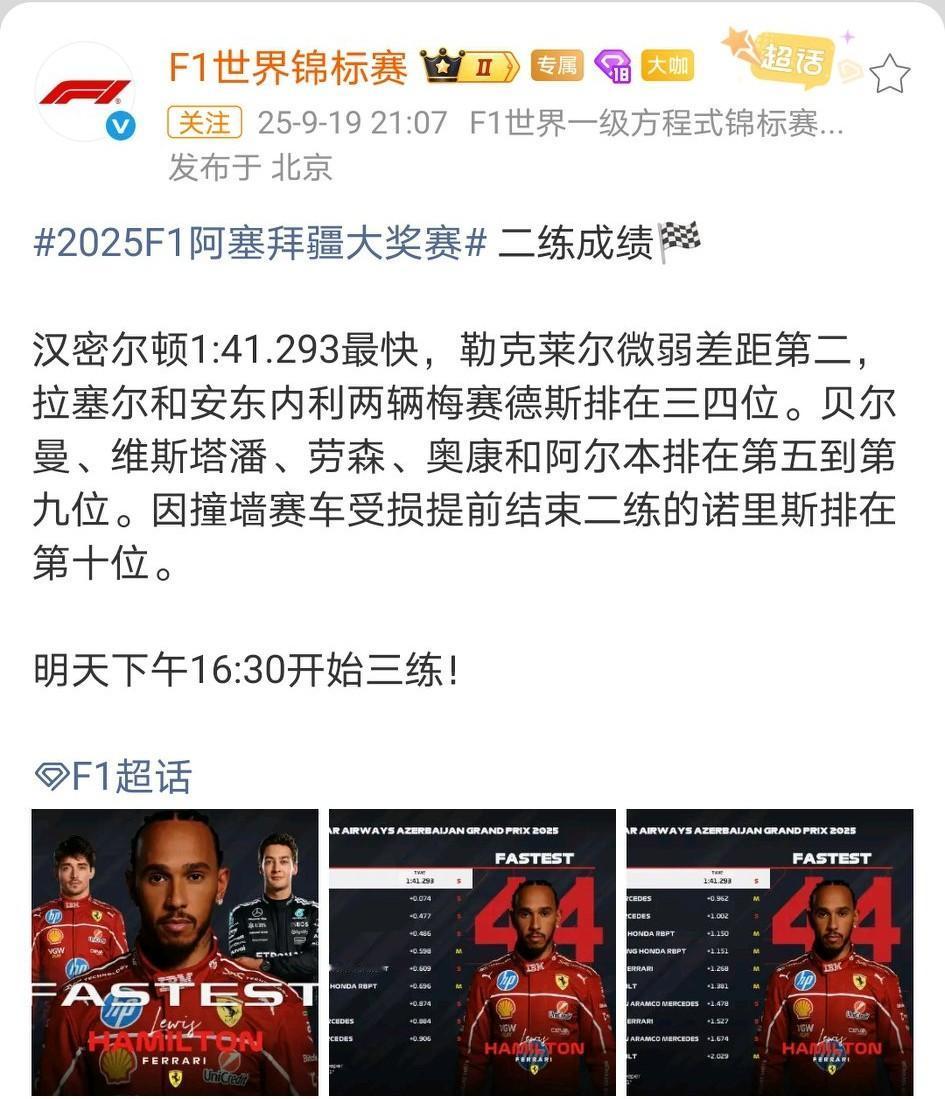 惊不惊喜？一练仅排名第13的汉密尔顿二练突升至第1，这是什么剧本？迈凯伦双雄表