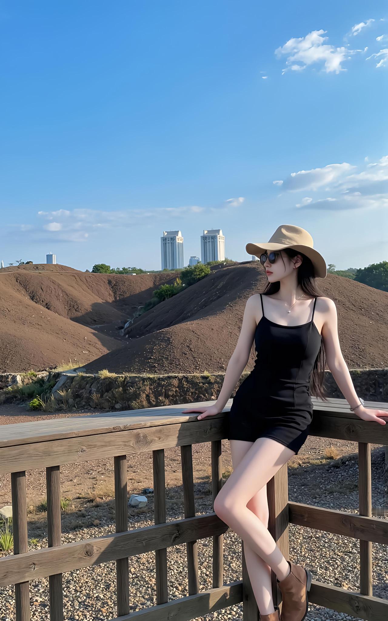 一个女孩在木栏杆旁享受阳光。可以分享一张你拍的天空美照吗吊带背心搭配什么样的裙