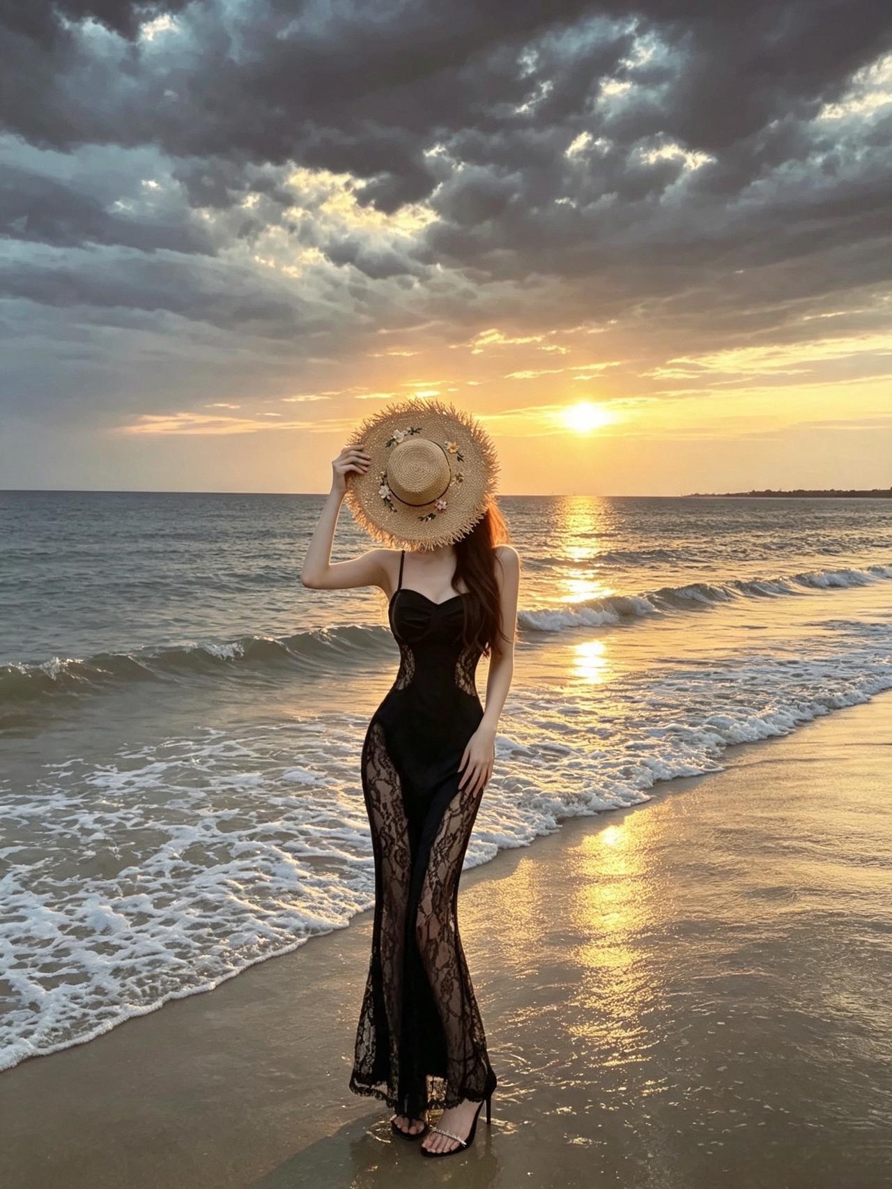 海边度假穿搭夏日海边穿搭海边日落氛围感拍照海边拍摄，谁拍谁美？黑裙与海的
