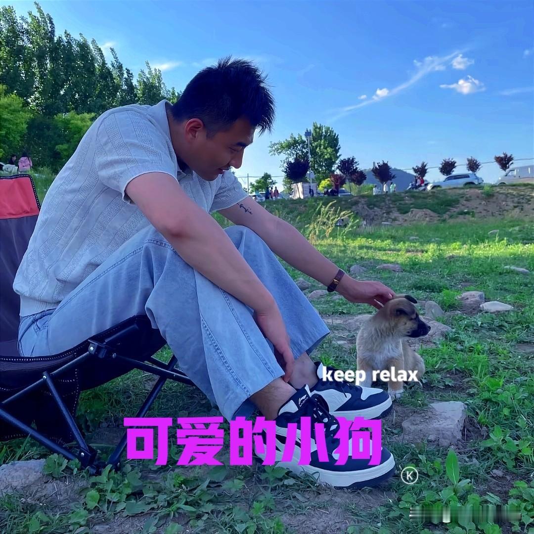 小伙在野外露营时，不知道从哪里跑来一只小狗。小狗停在小伙的脚边，不停地摇着尾巴，