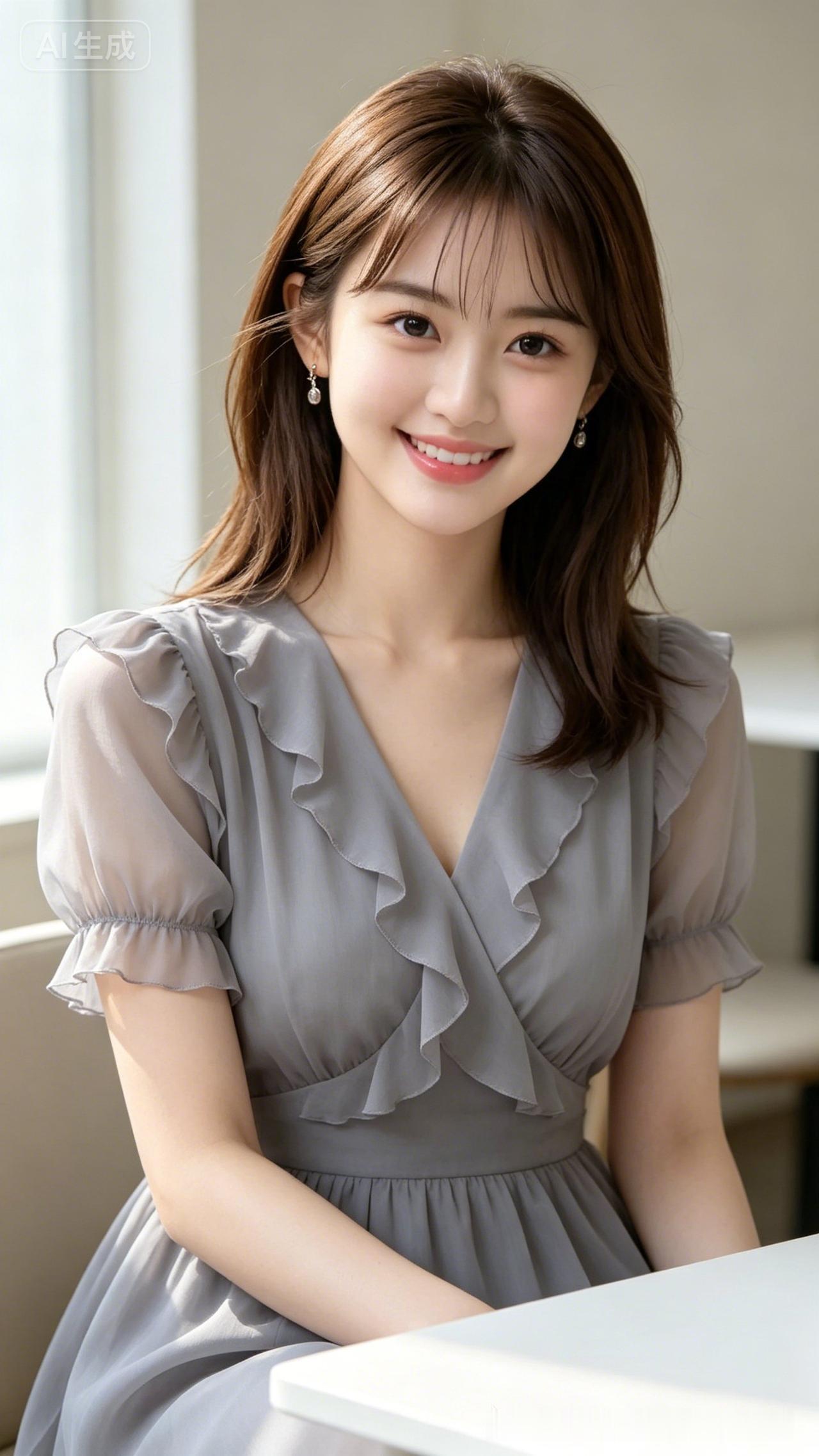 温柔甜美的少女，浅灰色连衣裙，微笑动人