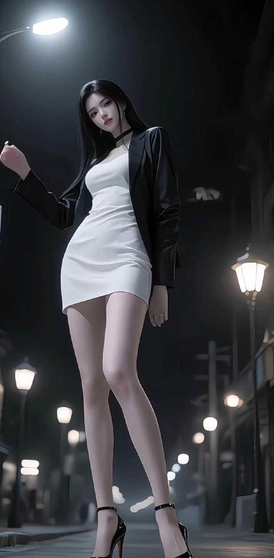 高冷美女身着黑色上衣搭配白色连衣裙，这组合简直yyds！黑色神秘深邃，凸显她的冷