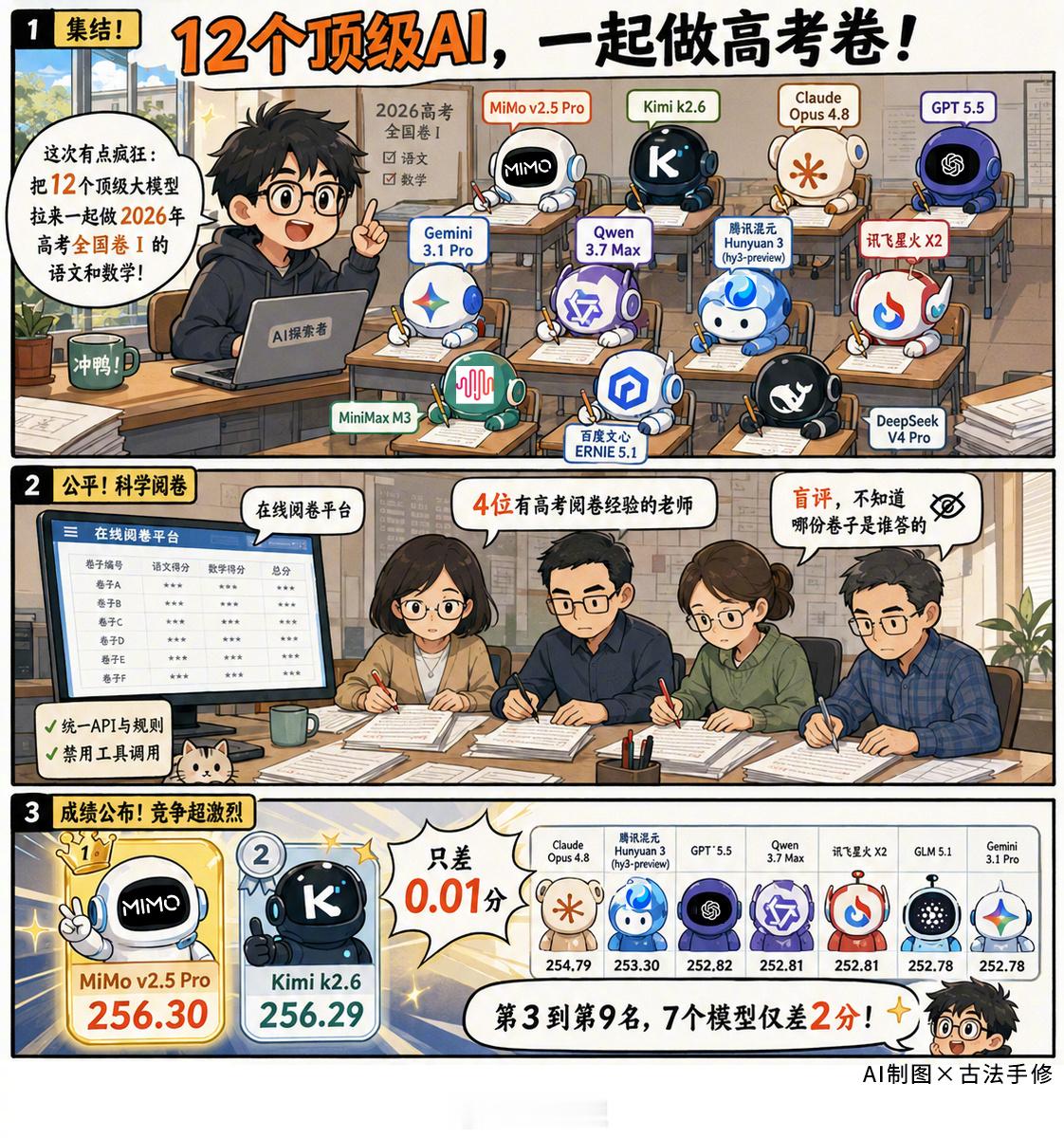 有媒体把今年的全国一卷的语文和数学题给AI做了。一共12个AI大模型，而且还正经