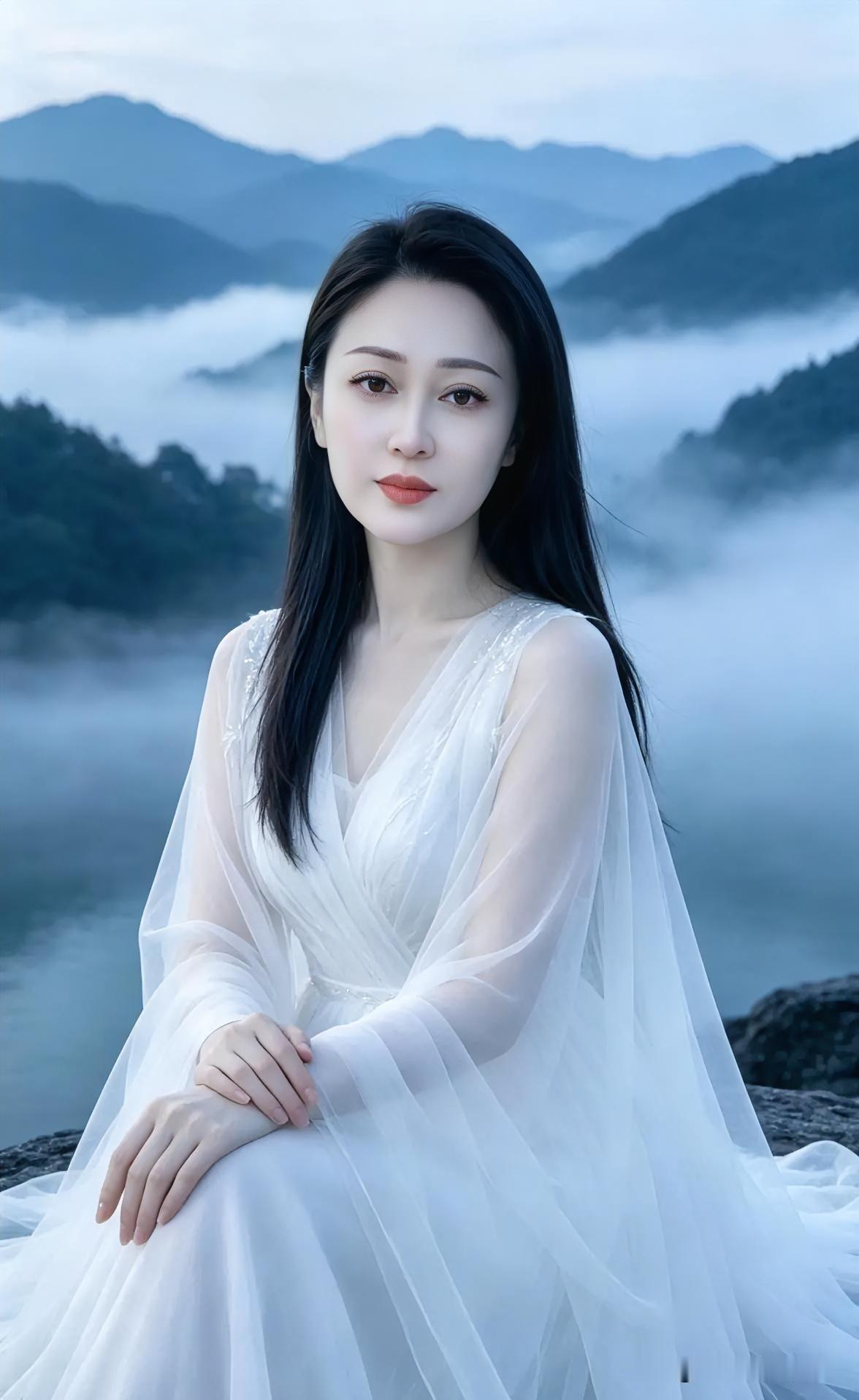 云海翻涌，群山如黛，她静坐于苍茫之间。一袭素白轻纱，宛若云端落下的仙子，不染半点