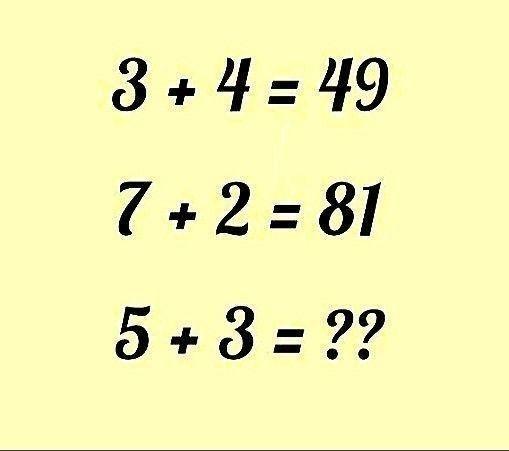 画面中呈现着一组由简单数字组成的趣味等式：3+4=497+2=