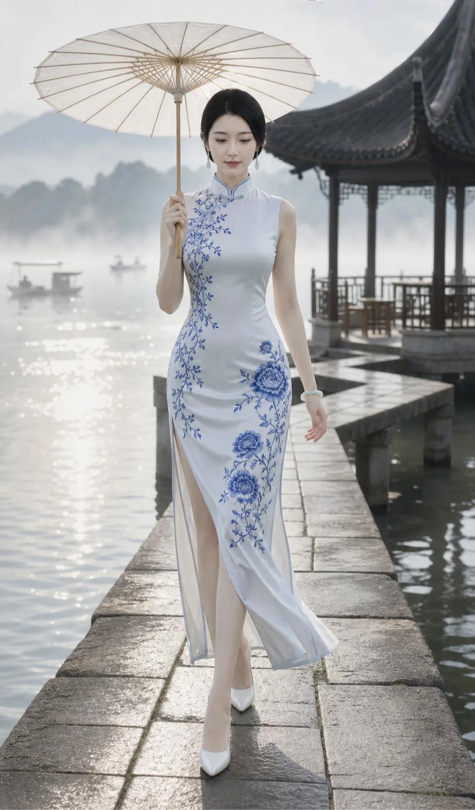 烟雨江南，佳人如画。一袭青花瓷旗袍，勾勒出曼妙身姿，开衩处若隐若现的长腿，将东方