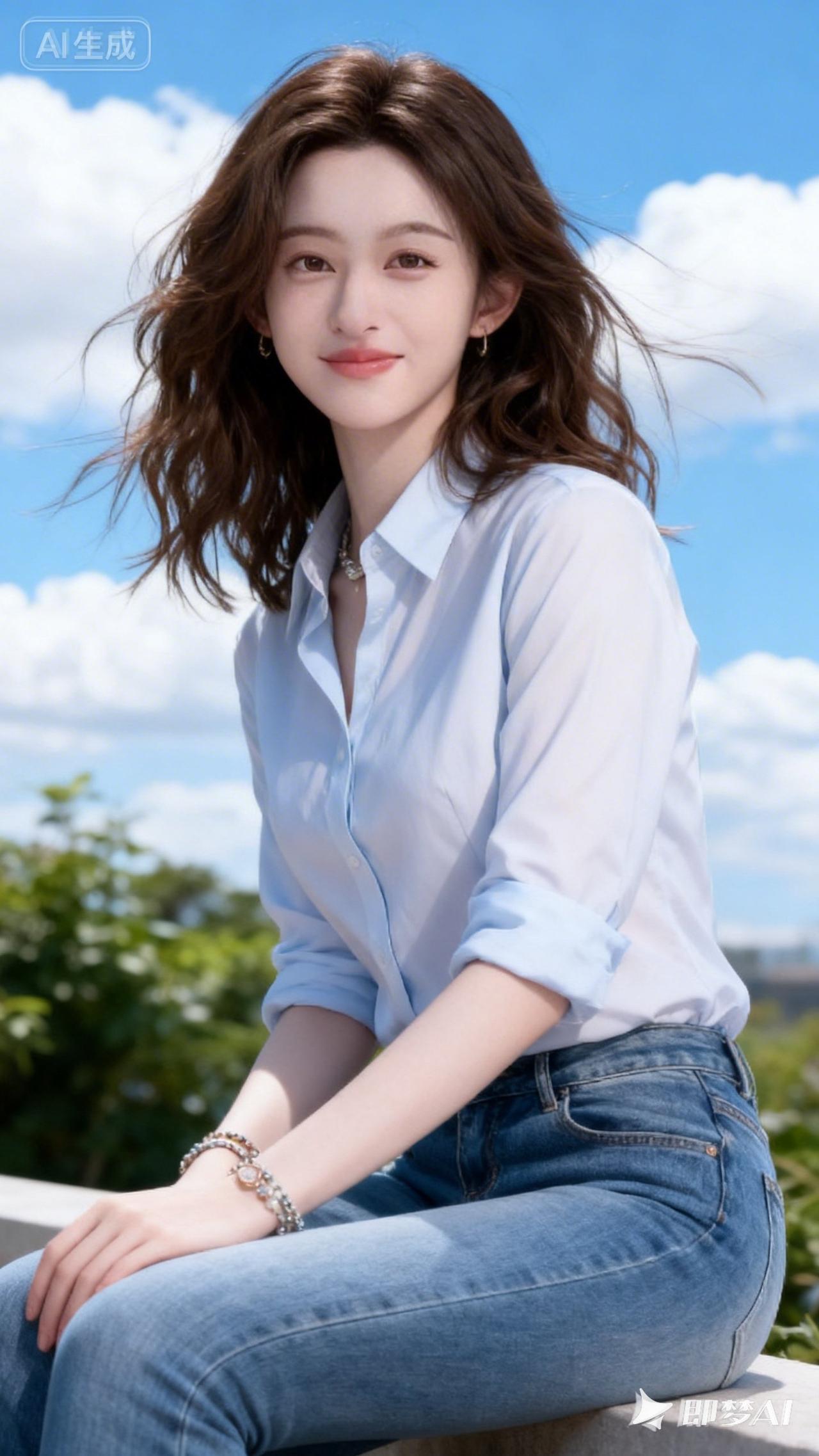 阳光明媚的午后，元气少女在蓝天白云下微笑。
