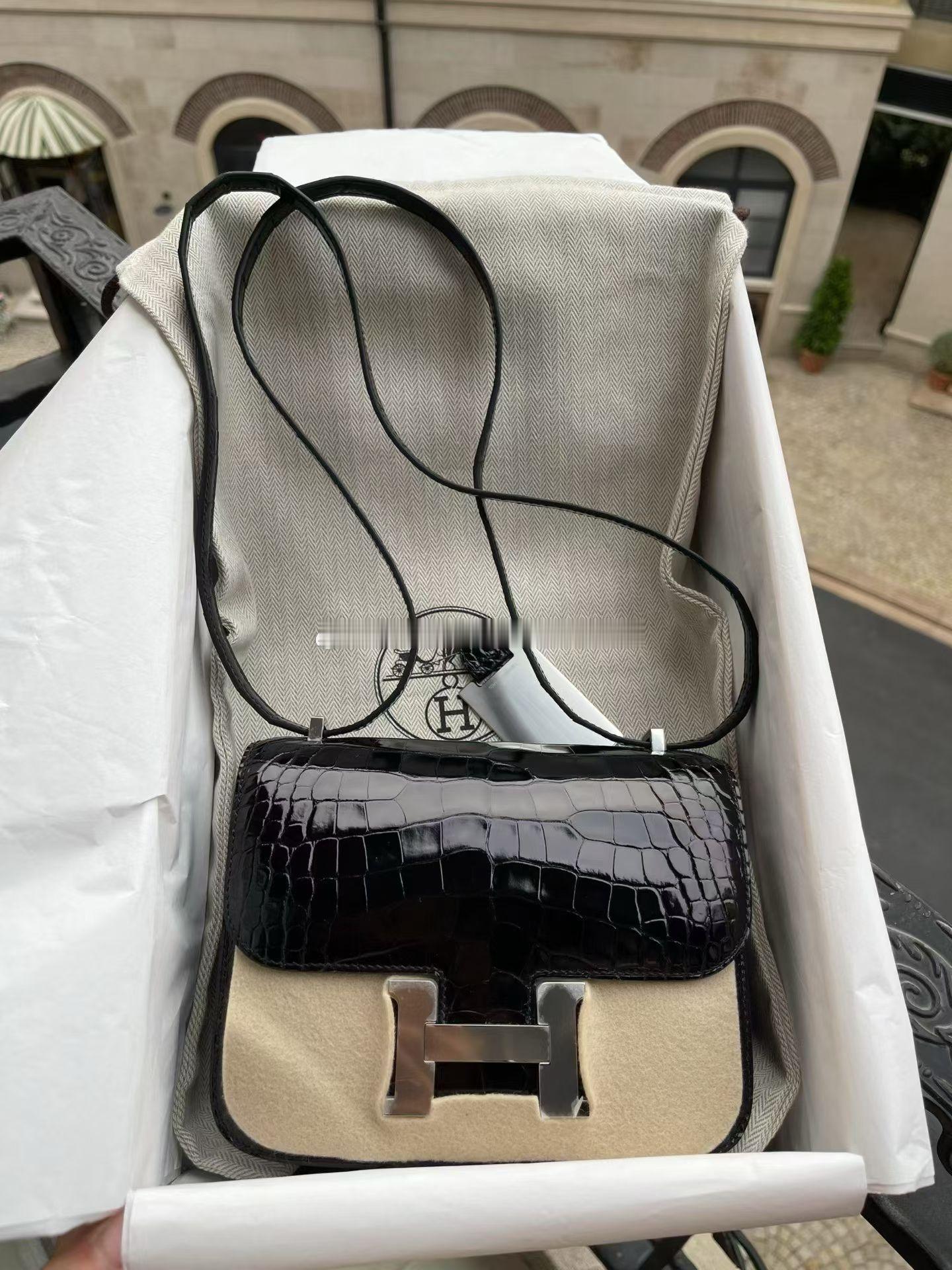 Constancemini亮面方块鳄鱼🐊黑银爱马仕hermes