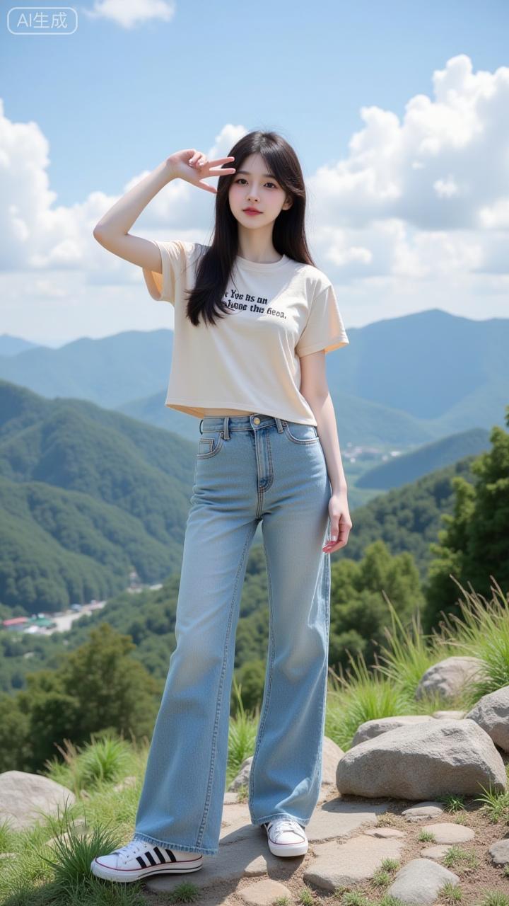 山野间的松弛感，大概就是此刻的样子。简单的T恤牛仔，踏在石阶上，与满目青绿撞个满